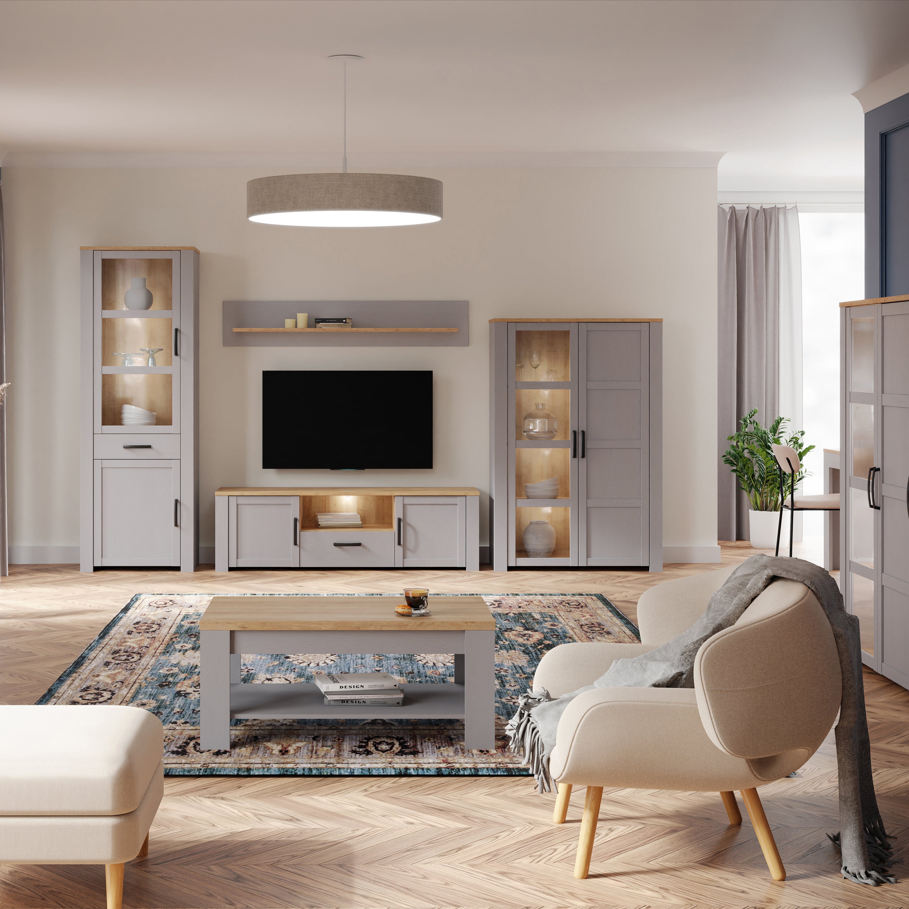 Bohol Display Cabinet inc. 2x LED Lights in Riviera Oak/Grey Oak