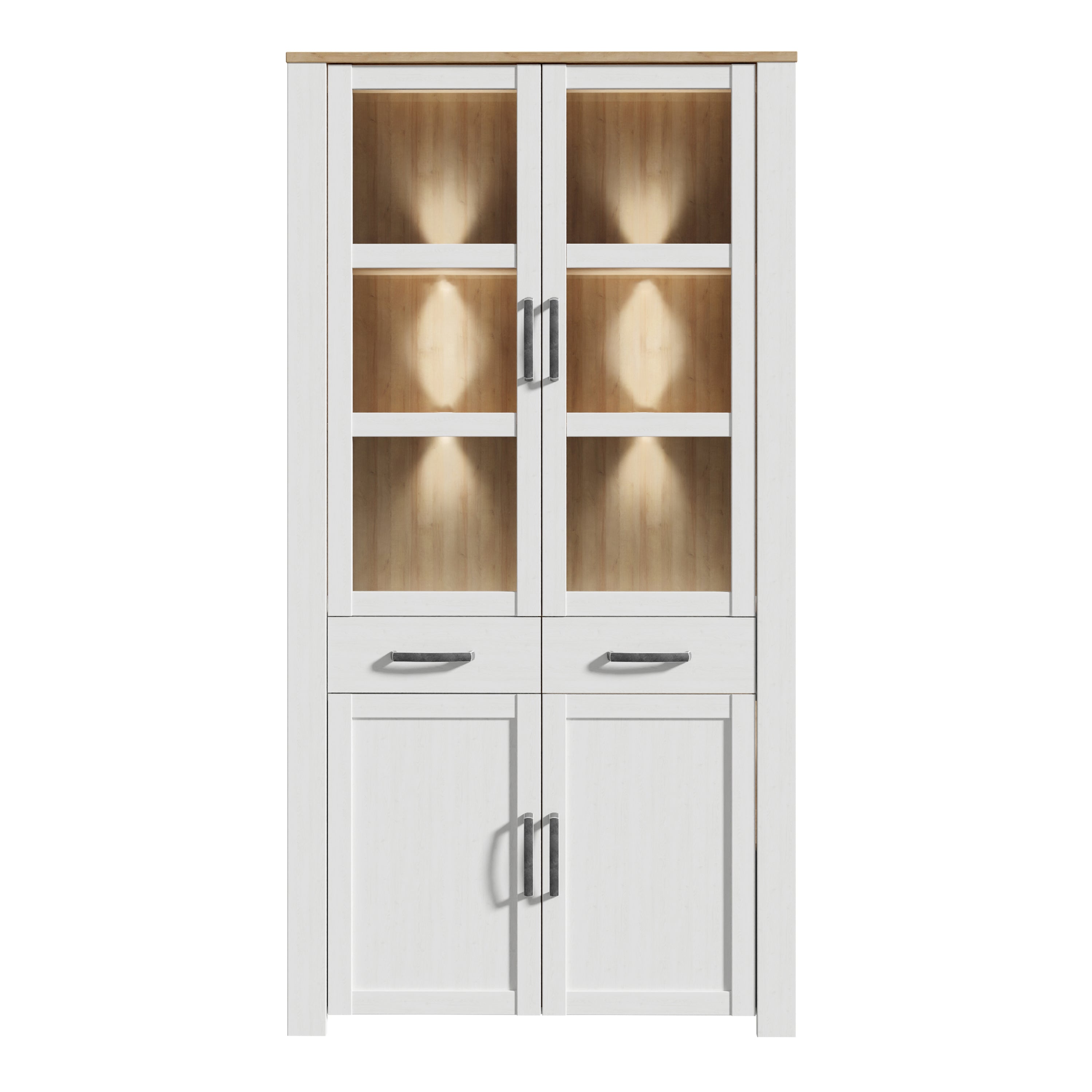 Bohol Display Cabinet 4 Door 2 Drawer in Oak/White inc LED Lighting