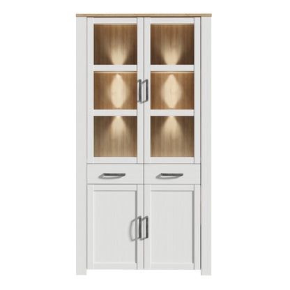 Bohol Display Cabinet 4 Door 2 Drawer in Oak/White inc LED Lighting