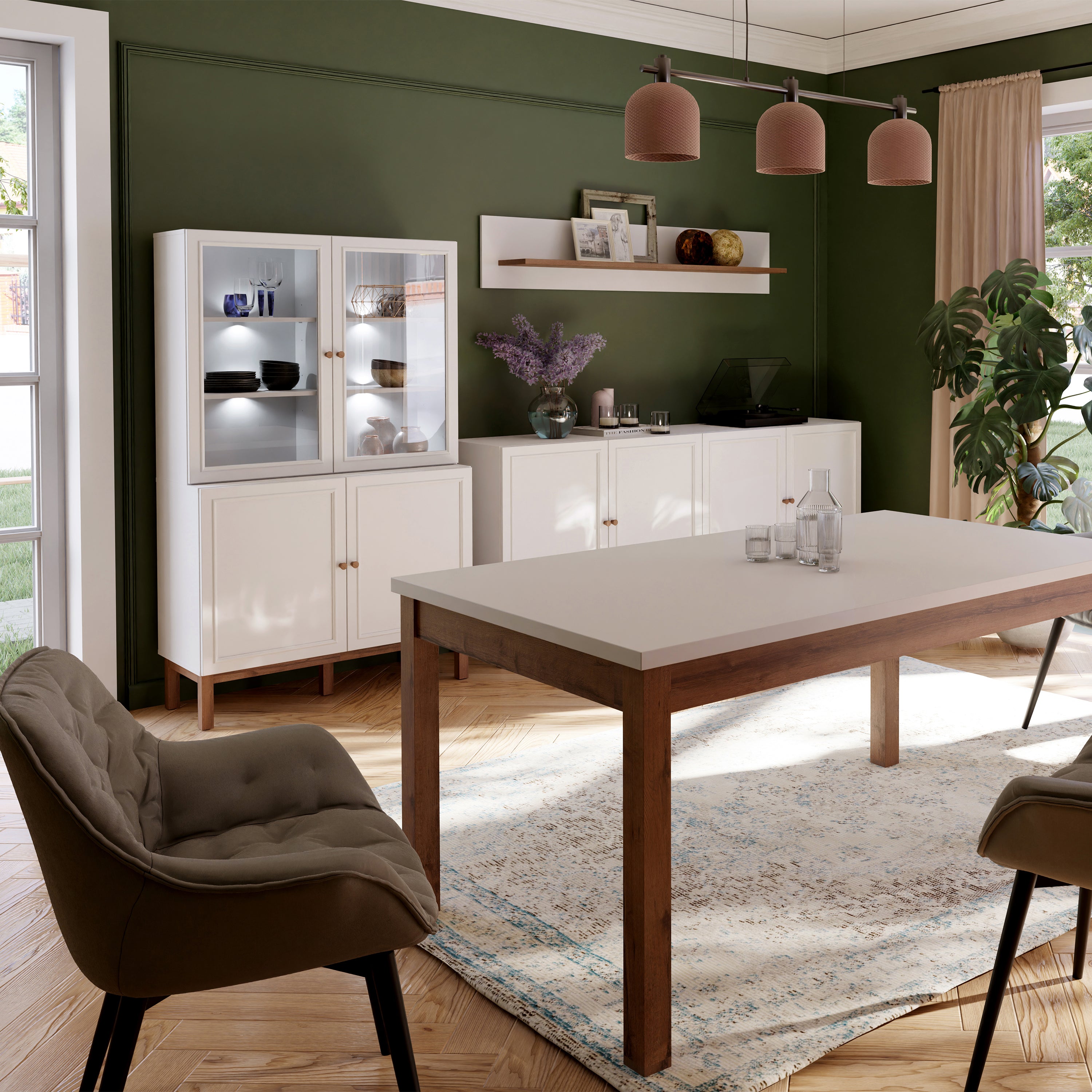 Wensley Display Cabinet with 2 Doors and 2 Glass Doors in Light Grey and Oak inc LED Lighting