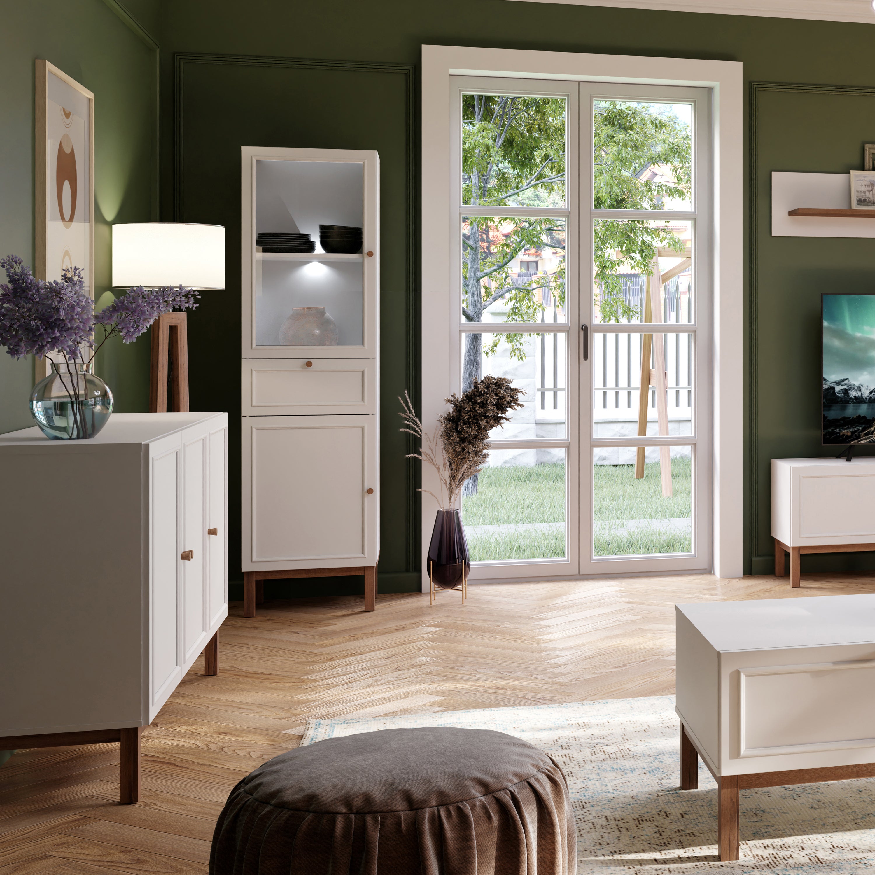 Wensley Display Cabinet with 1 Door 1 Drawer and  1 Glass Door in Light Grey and Oak inc LED Lighting