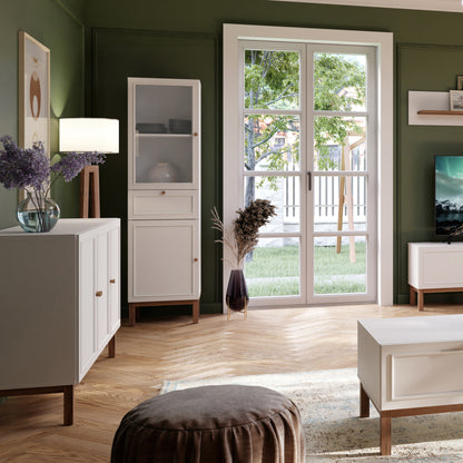 Wensley Display Cabinet with 1 Door 1 Drawer and  1 Glass Door in Light Grey and Oak