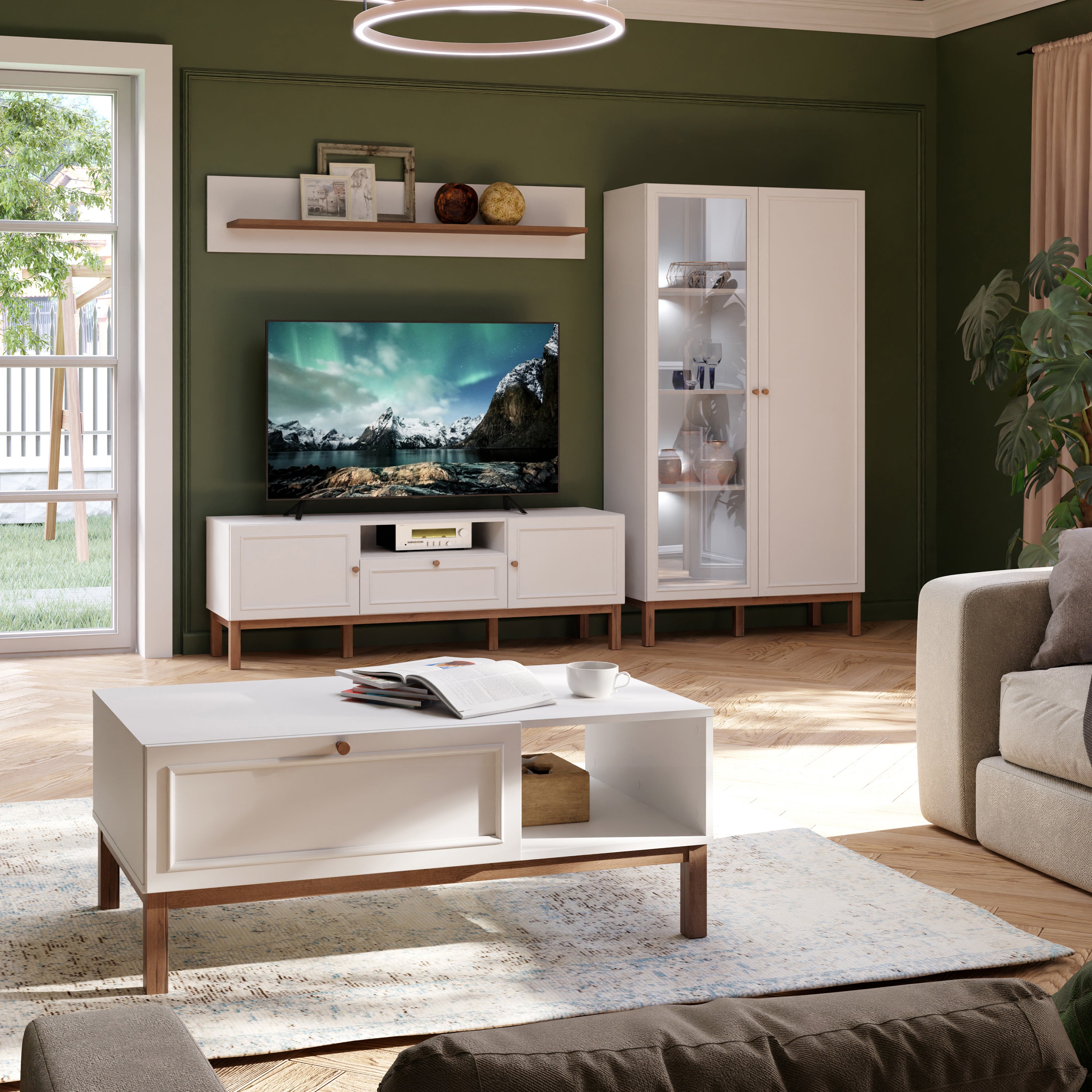 Wensley Display Cabinet with 1 Door and  1 Glass Door in Light Grey and Oak inc LED Lighting