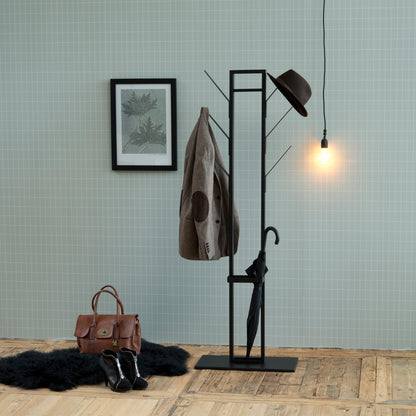 Vinson coat hanger, frame and base matt black powder coated steel, 56x28x165 cm