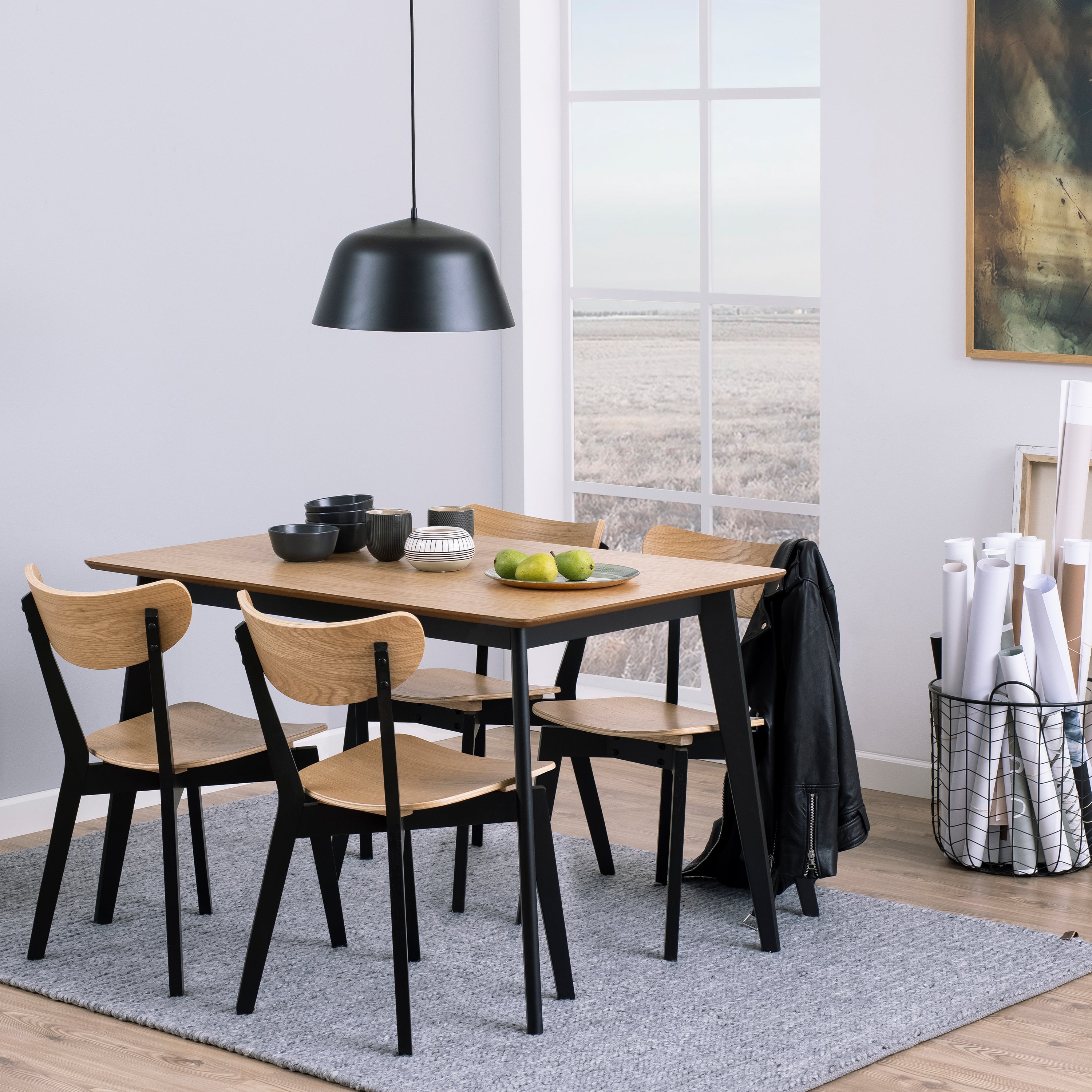 Roxby Dining Table in Oak & Black Included 4 Roxby Dining Chairs in Black and Oak