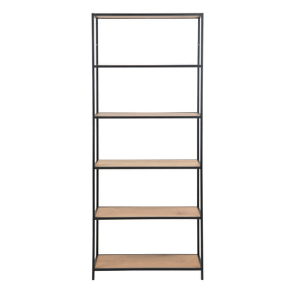 Seaford Tall Black Metal Bookcase with 5 Shelves in Oak