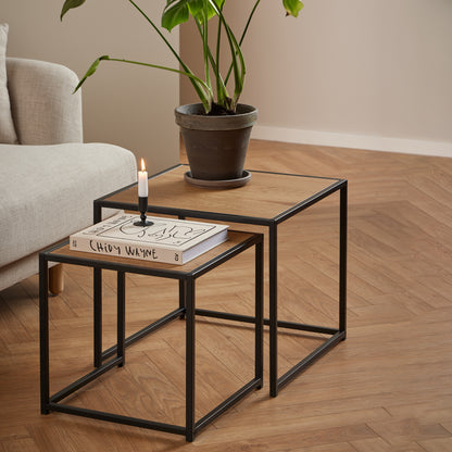 Seaford Black Metal Nest of Tables with Oak Top