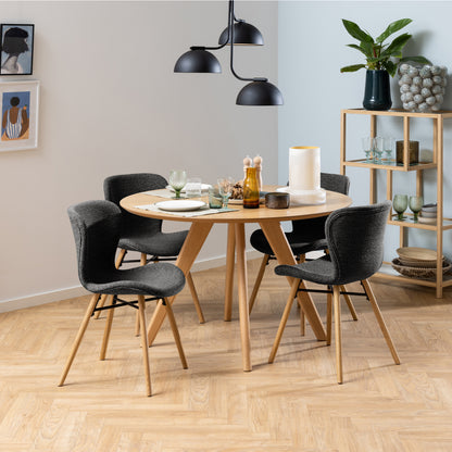 Townsville Round Dining Table in White and Oak Included 4 Batilda Dining Chairs with Grey Fabric and Oak