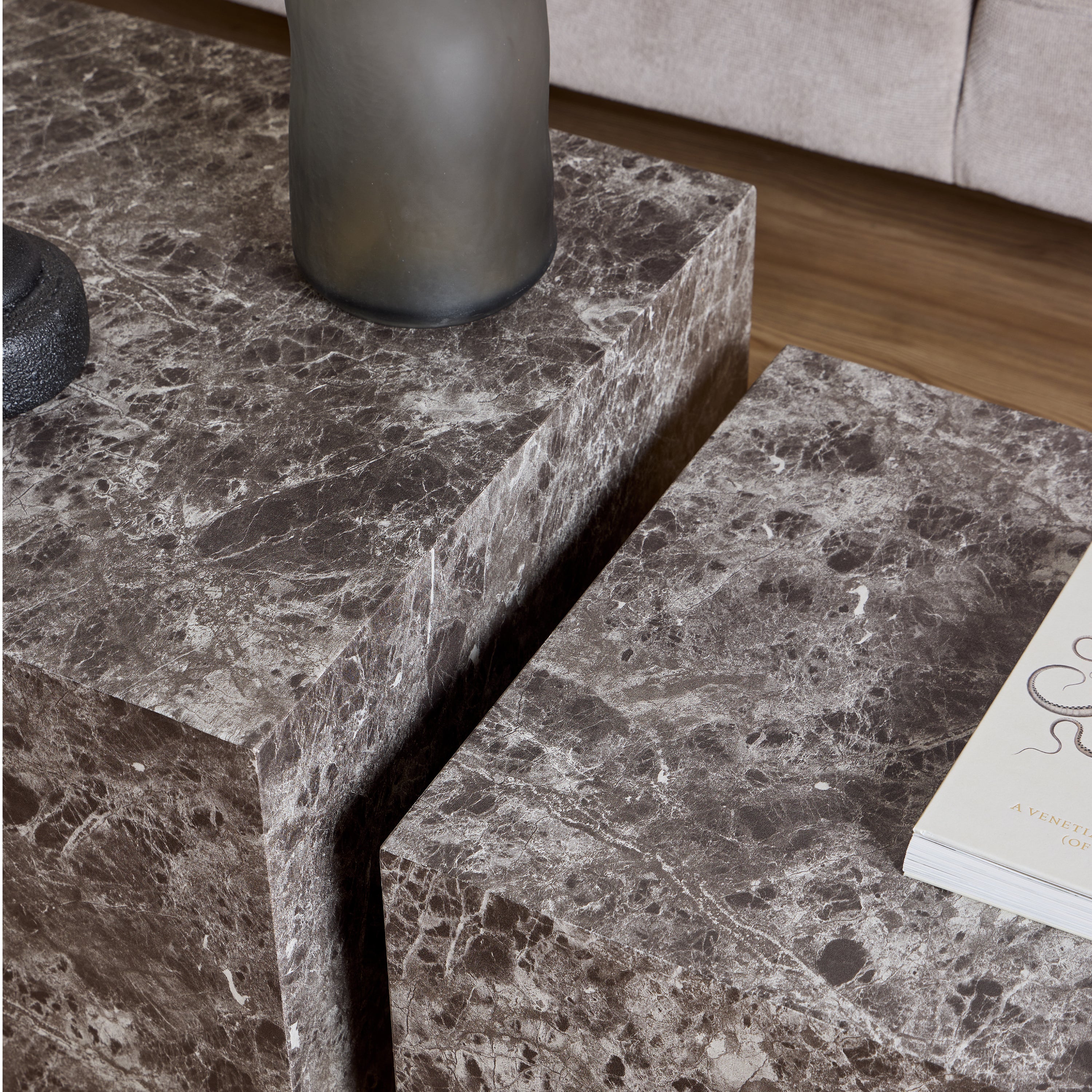 CLEARANCE Dice Square Coffee Table Set in Light Brown Emperador Rough Paper