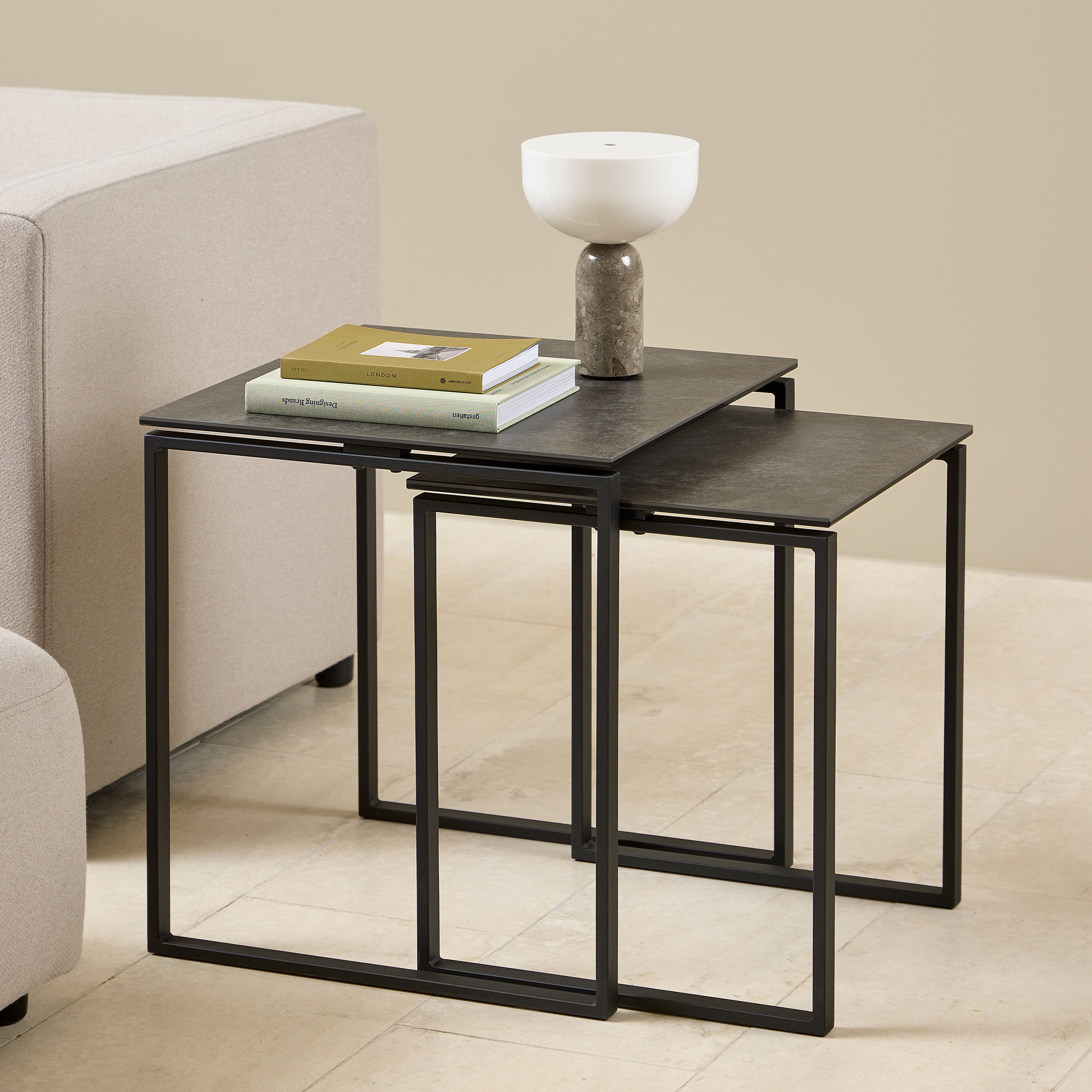 Katrine Square Coffee Table Set in Ceramic Black