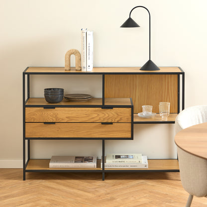 Seaford Wide Oak Metal Bookcase 2 Drawers and 3 Shelves in Matt Wild Oak