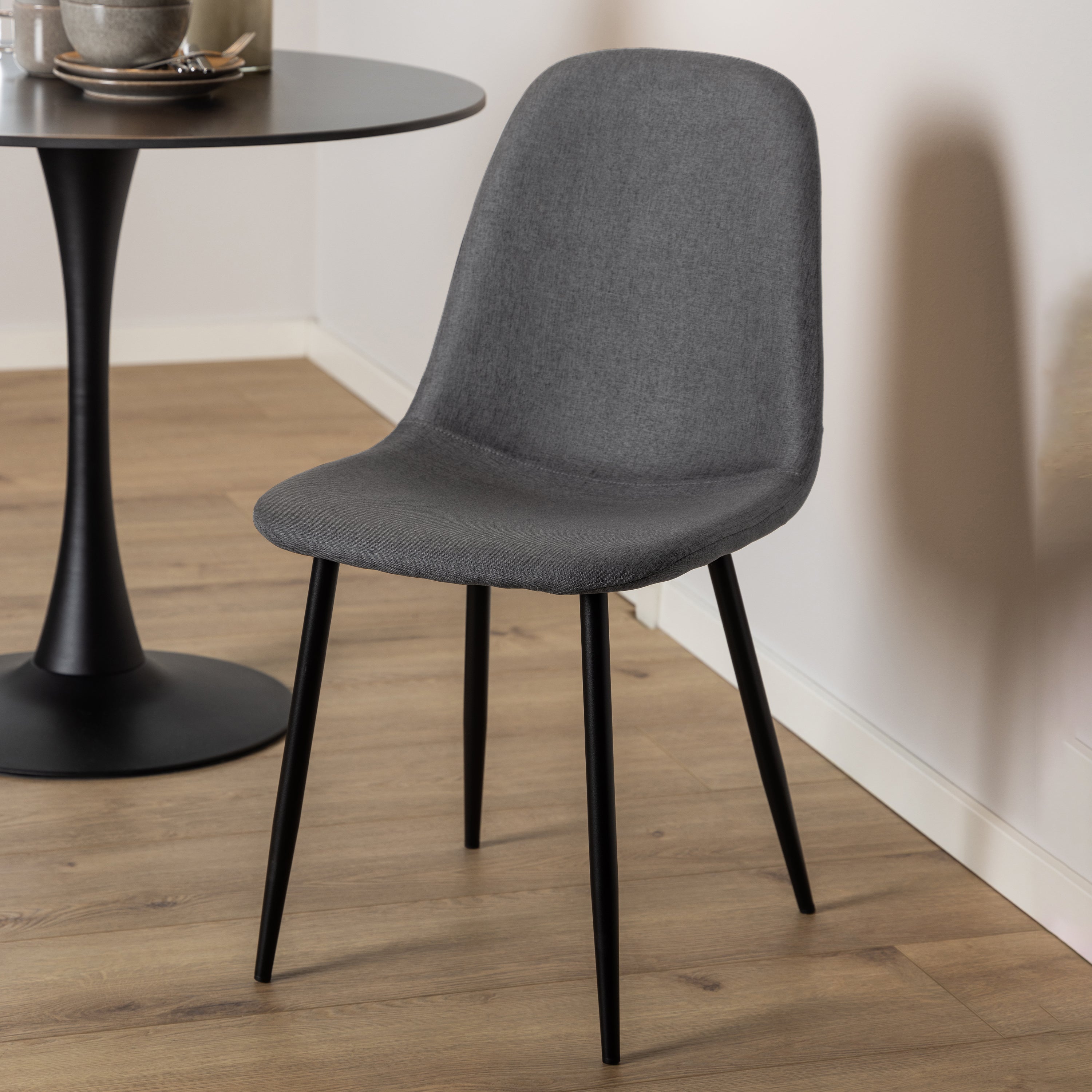 Malta Ceramic Round Dining Table in Black 90x75cm Included 4 Celia Dining Chair in Light Grey