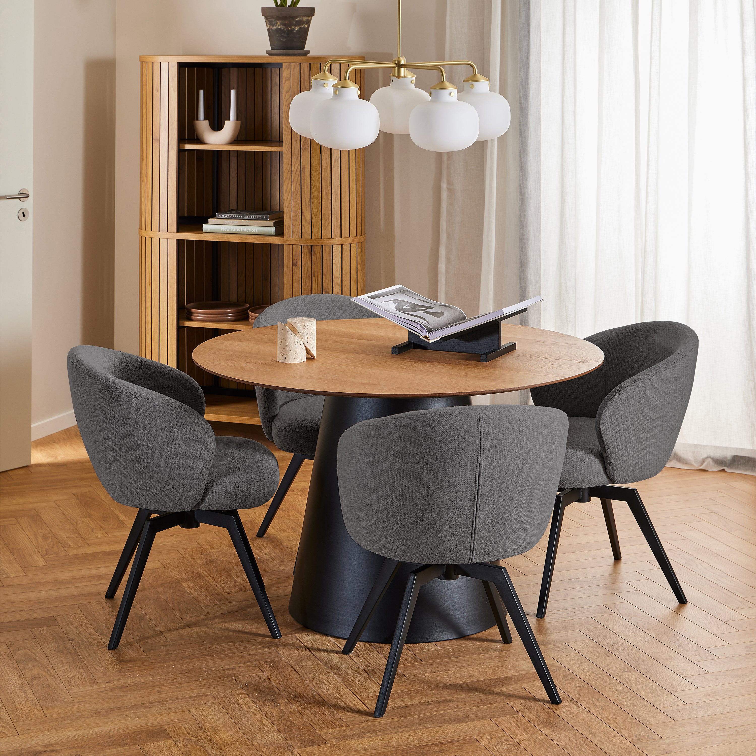 Soli Round Dining Table in Oak/Black 120x75cm Included 4 Darlene Dining Chair with Armrest and Swivel Function in Grey
