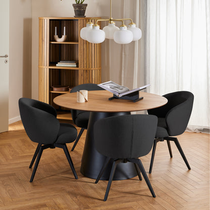 Soli Round Dining Table in Oak/Black 120x75cm Included 4 Darlene Dining Chair with Armrest and Swivel Function in Black