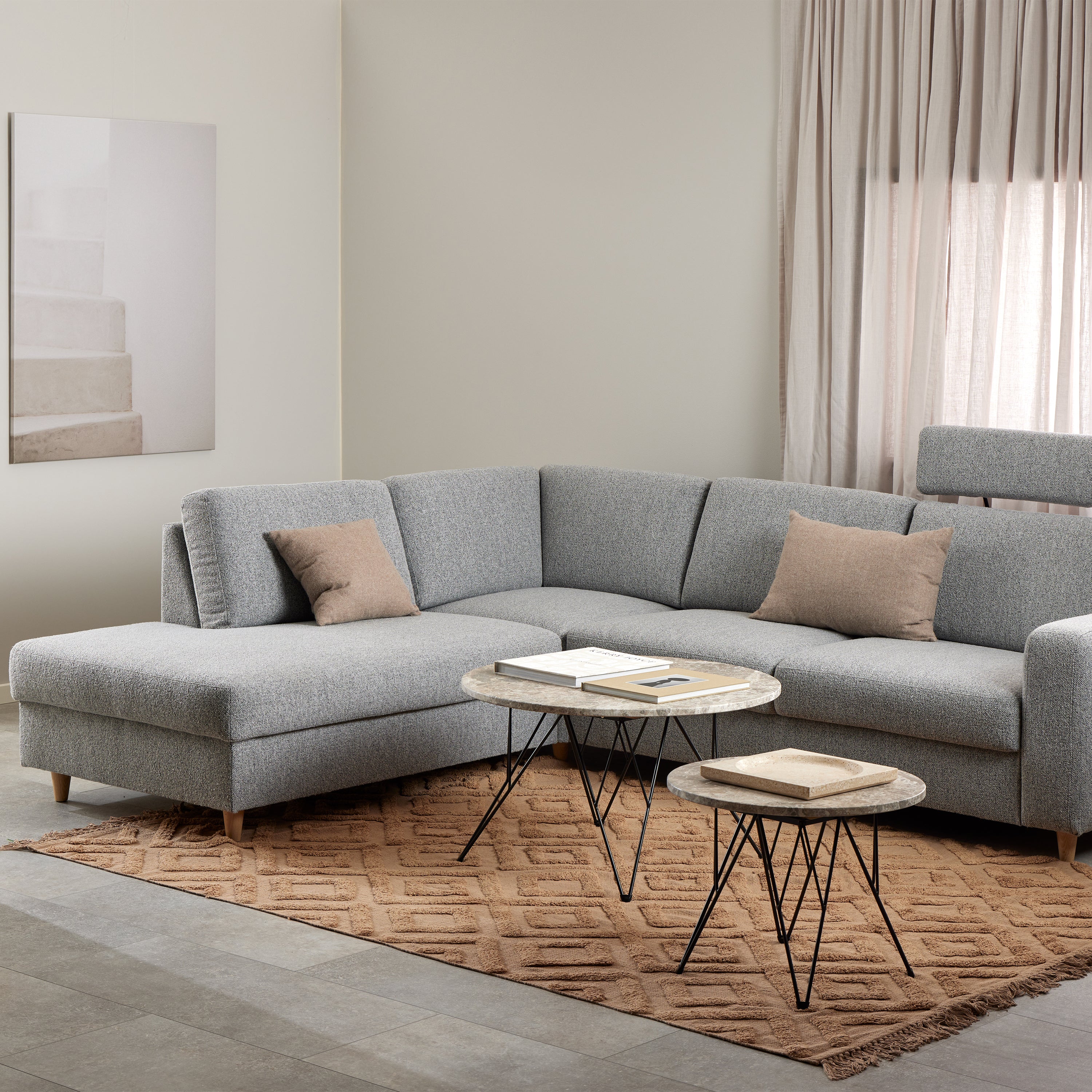 Prunus Round Coffee Table in Brown Marble and Matt Black Coated Steel Base 80x46.4cm