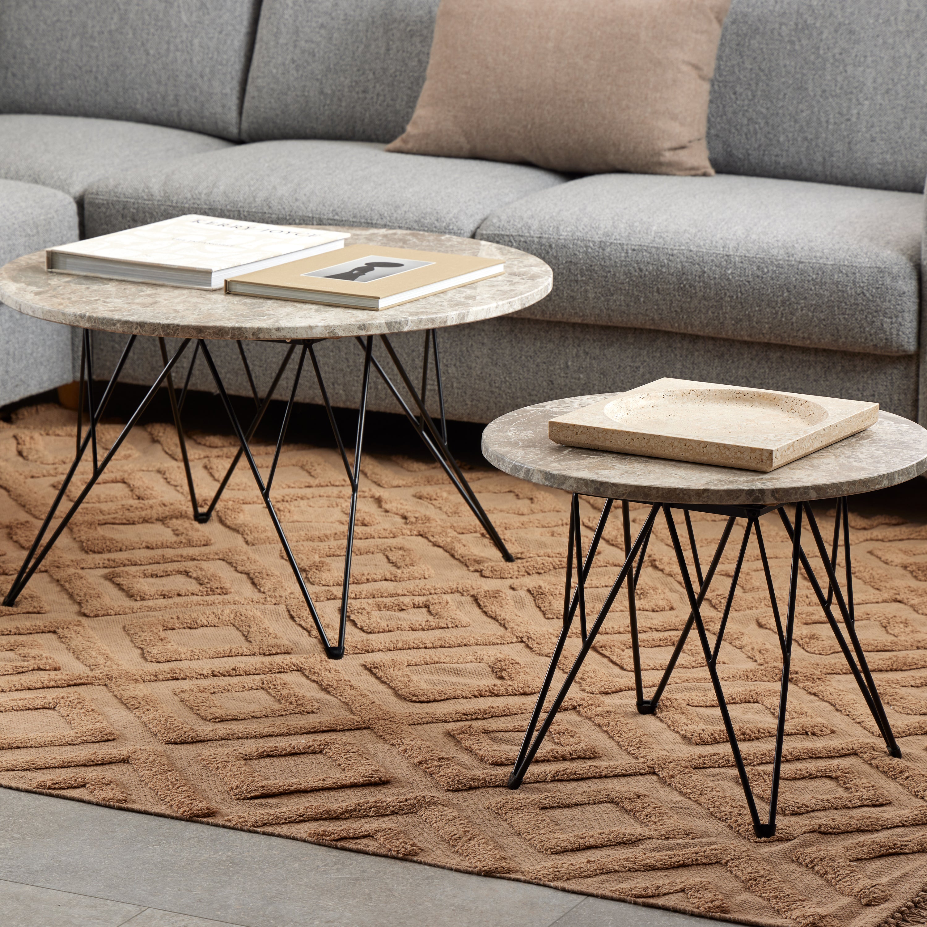 Prunus Round Coffee Table in Brown Marble and Matt Black Coated Steel Base 80x46.4cm