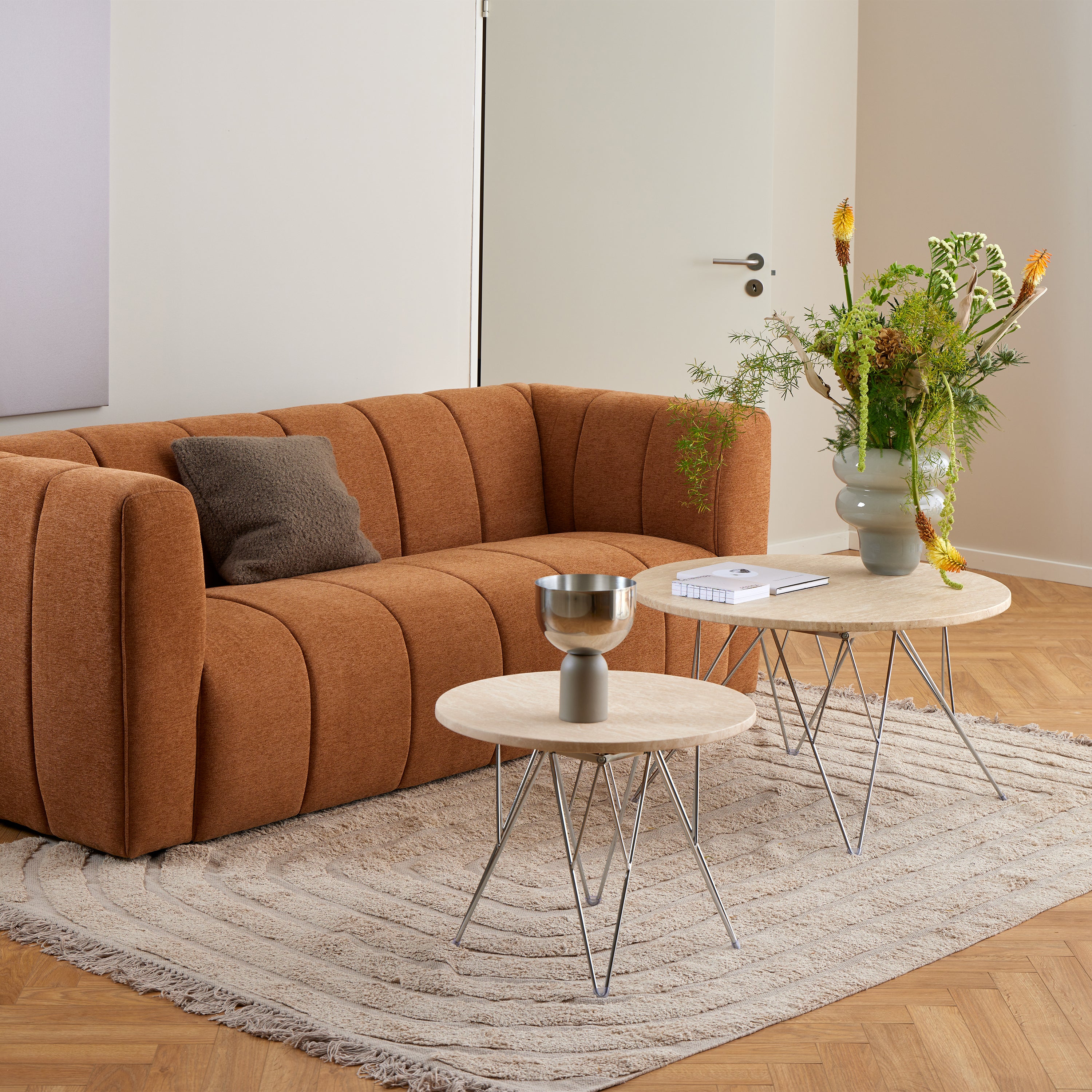 Prunus Round Coffee Table in Matt Beige and Chrome Steel Base 80x46.4cm