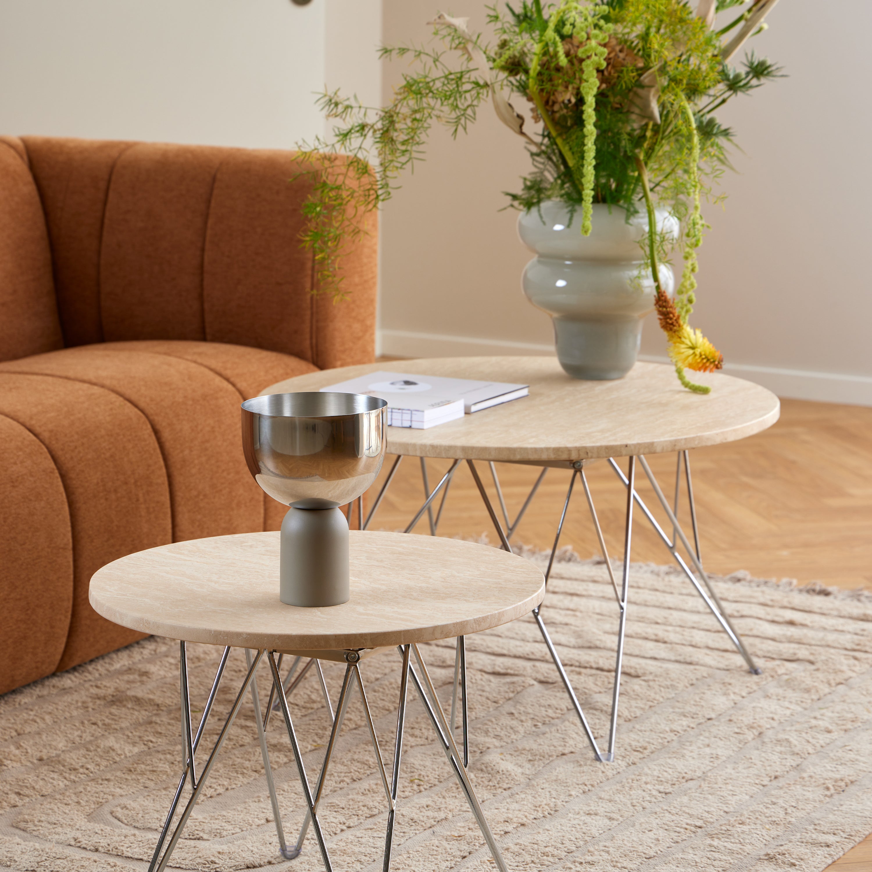 Prunus Round Coffee Table in Matt Beige and Chrome Steel Base 80x46.4cm