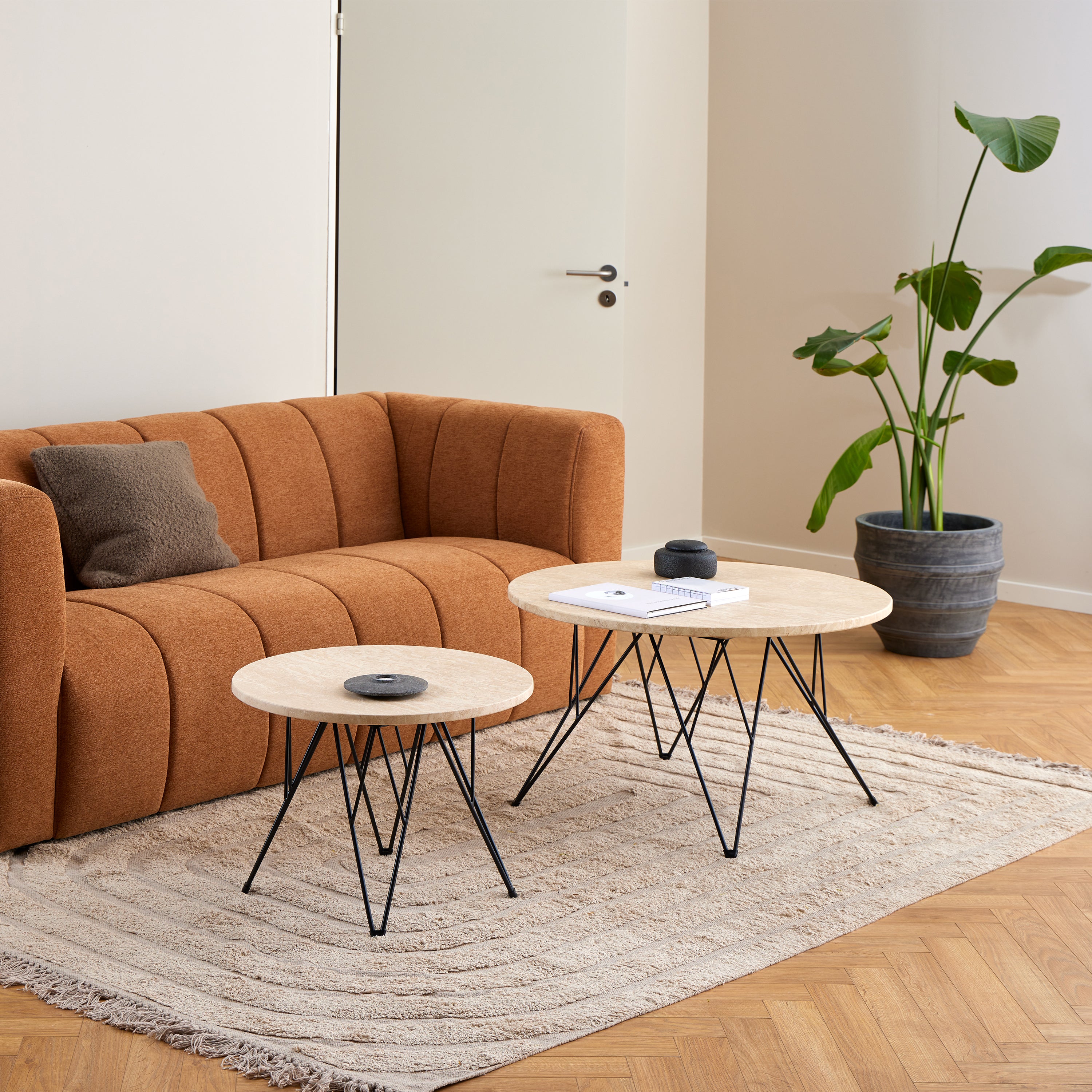 Prunus Round Coffee Table in Matt Beige and Matt Black Coated Steel Base 80x46.4cm