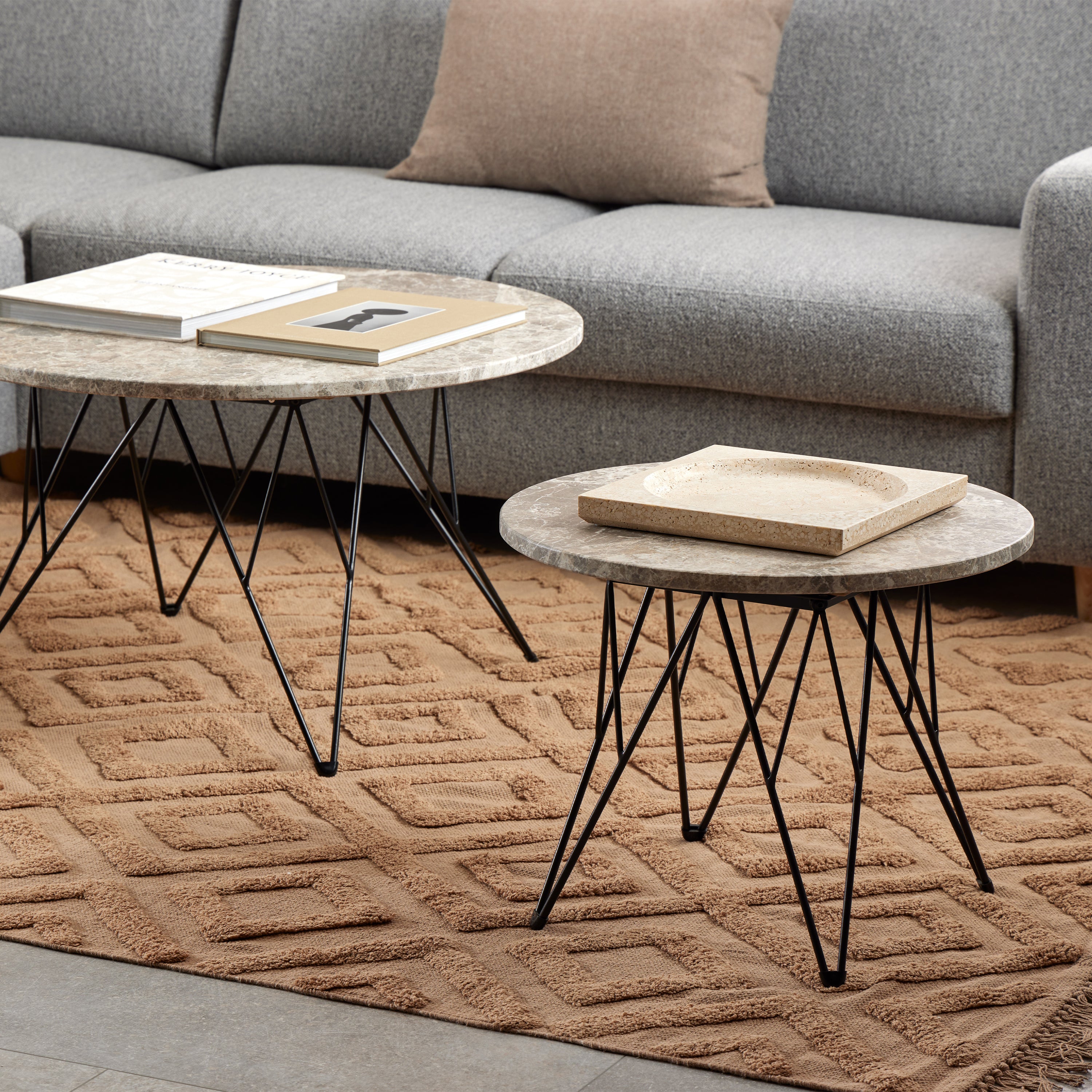 Prunus round Side Table in Grey Marble and Black Coated Steel Base 55x41.4cm