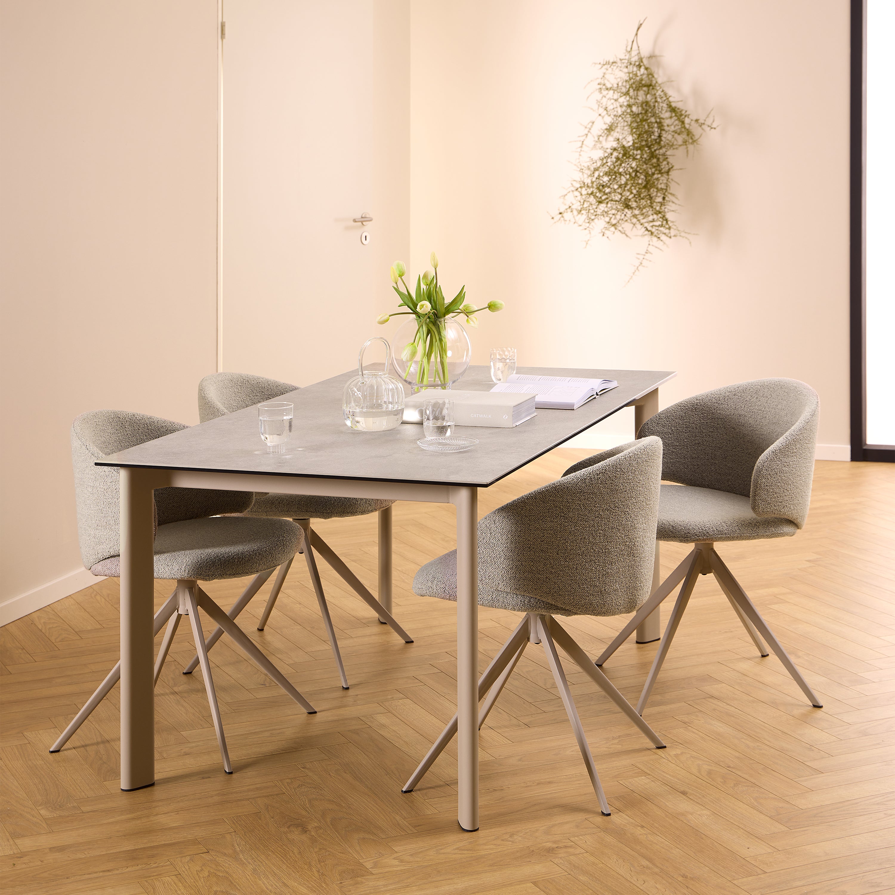 Palermo Ceramic Dining Table in Grey 160x75cm Included 4 Ella Swivel Beige Dining Chairs
