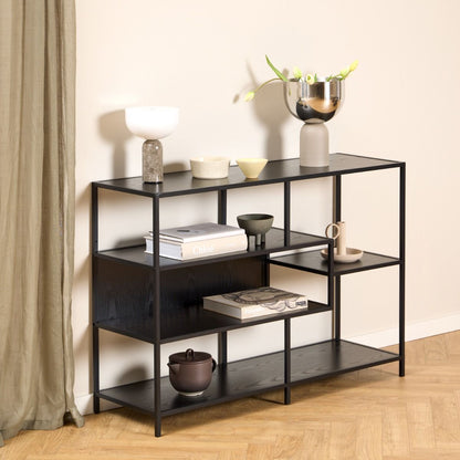 Seaford Wide Ash Black Metal Bookcase With 4 Black Ash Shelves