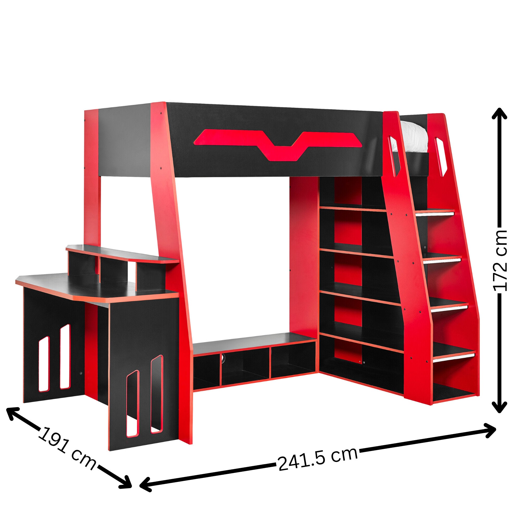 Eagle Single Gaming Highsleeper Bed - Black and Red