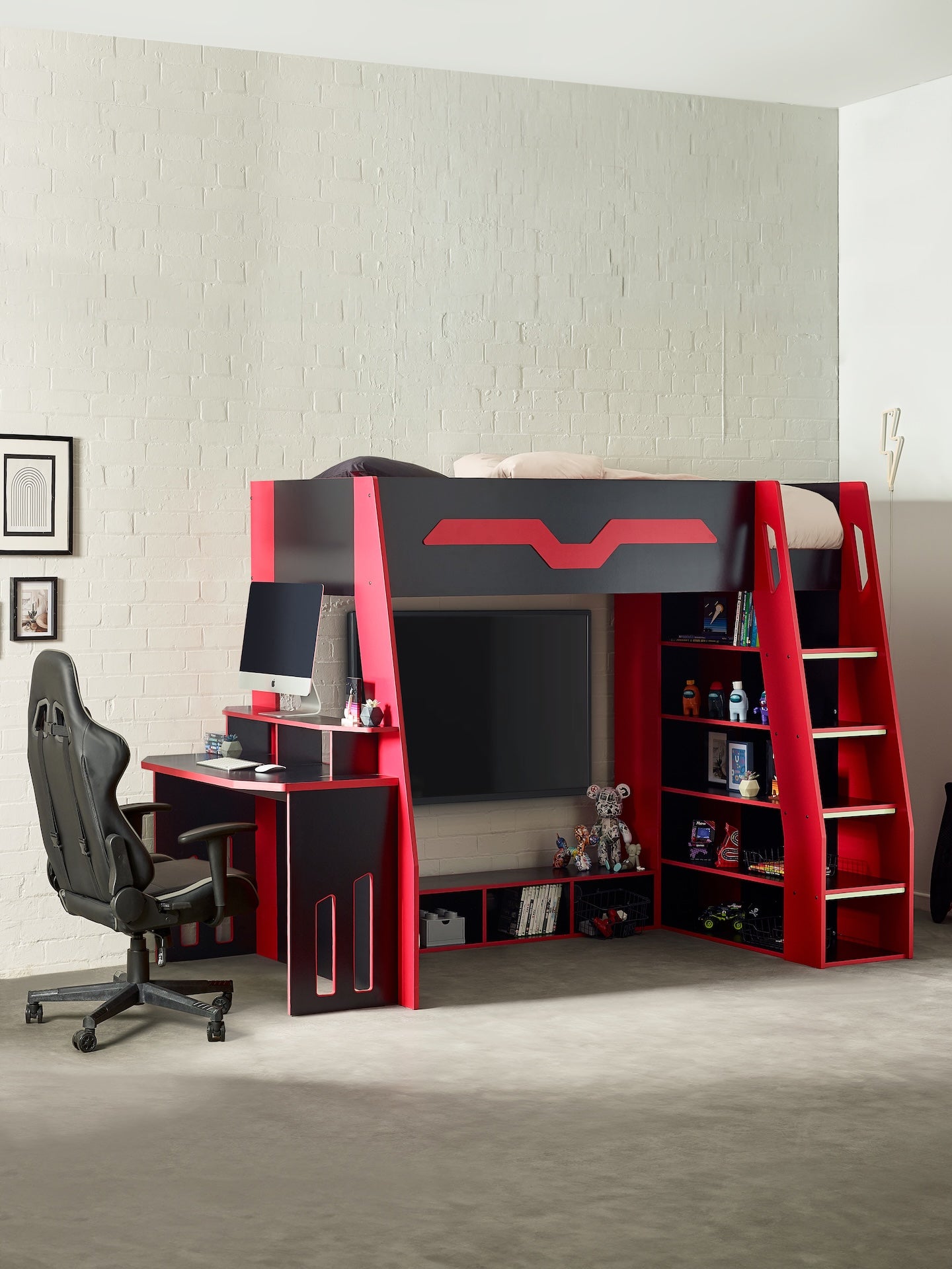 Eagle Single Gaming Highsleeper Bed - Black and Red