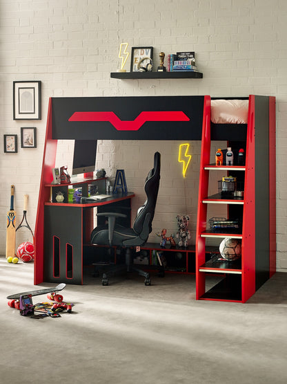 Eagle Single Gaming Highsleeper Bed - Black and Red