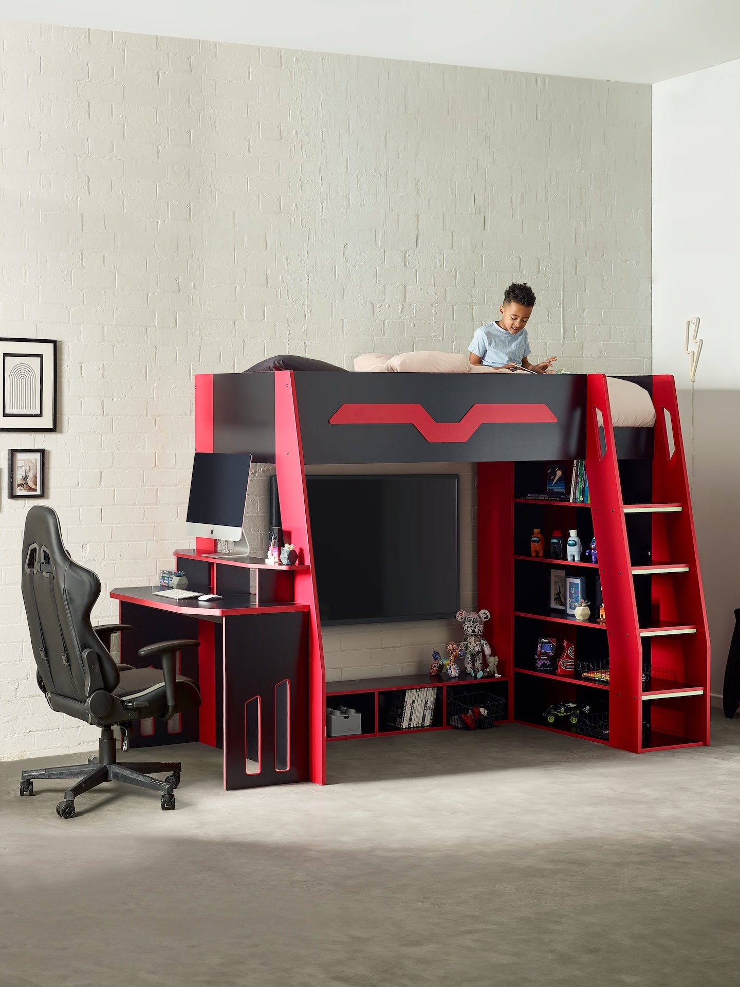 Eagle Single Gaming Highsleeper Bed - Black and Red