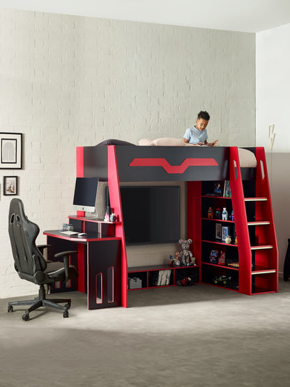 Eagle Single Gaming Highsleeper Bed - Black and Red