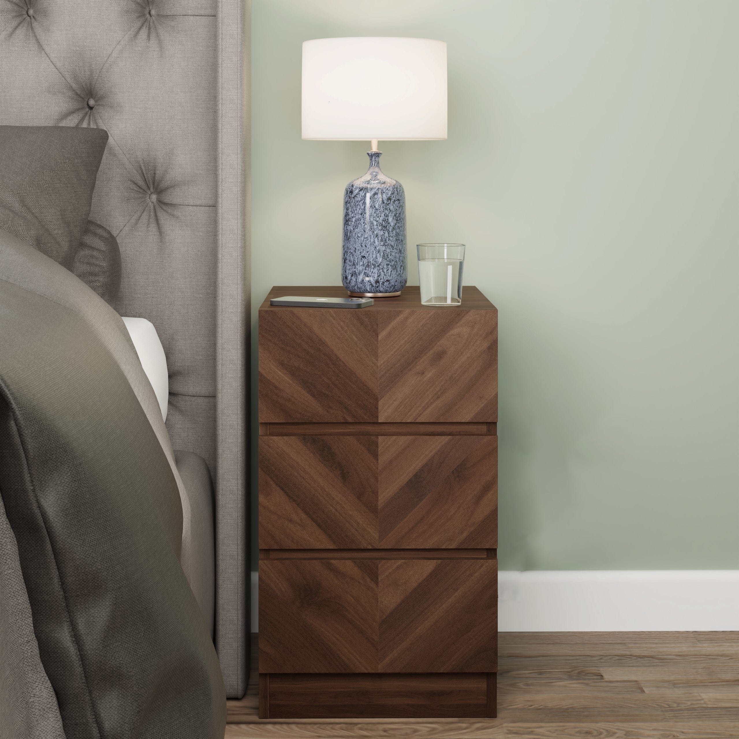 GFW Bedside Table Catania 3 Drawer Bedside Table Royal Walnut Bed Kings