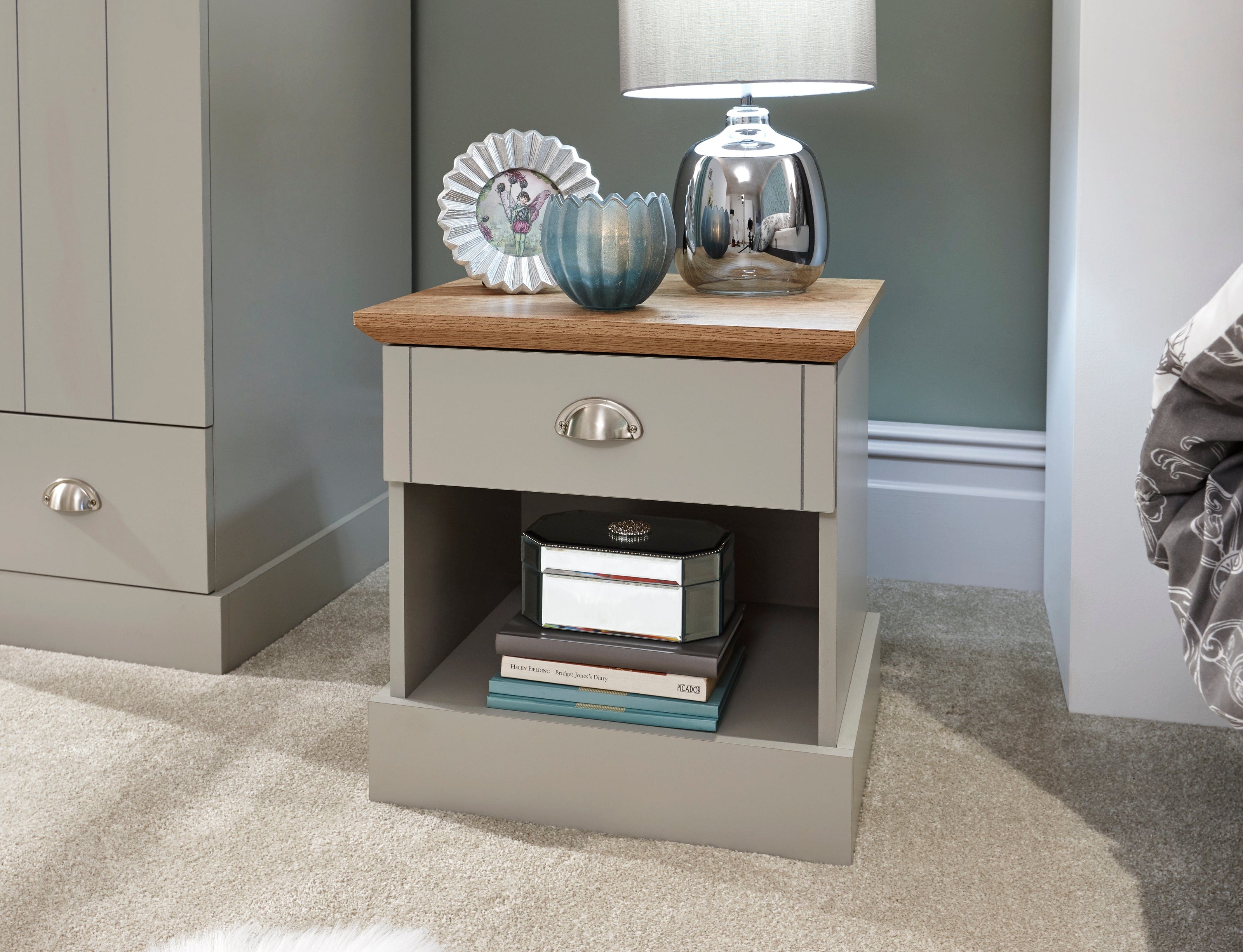 GFW Bedside Table Kendal 1 Drawer Bedside Grey Bed Kings