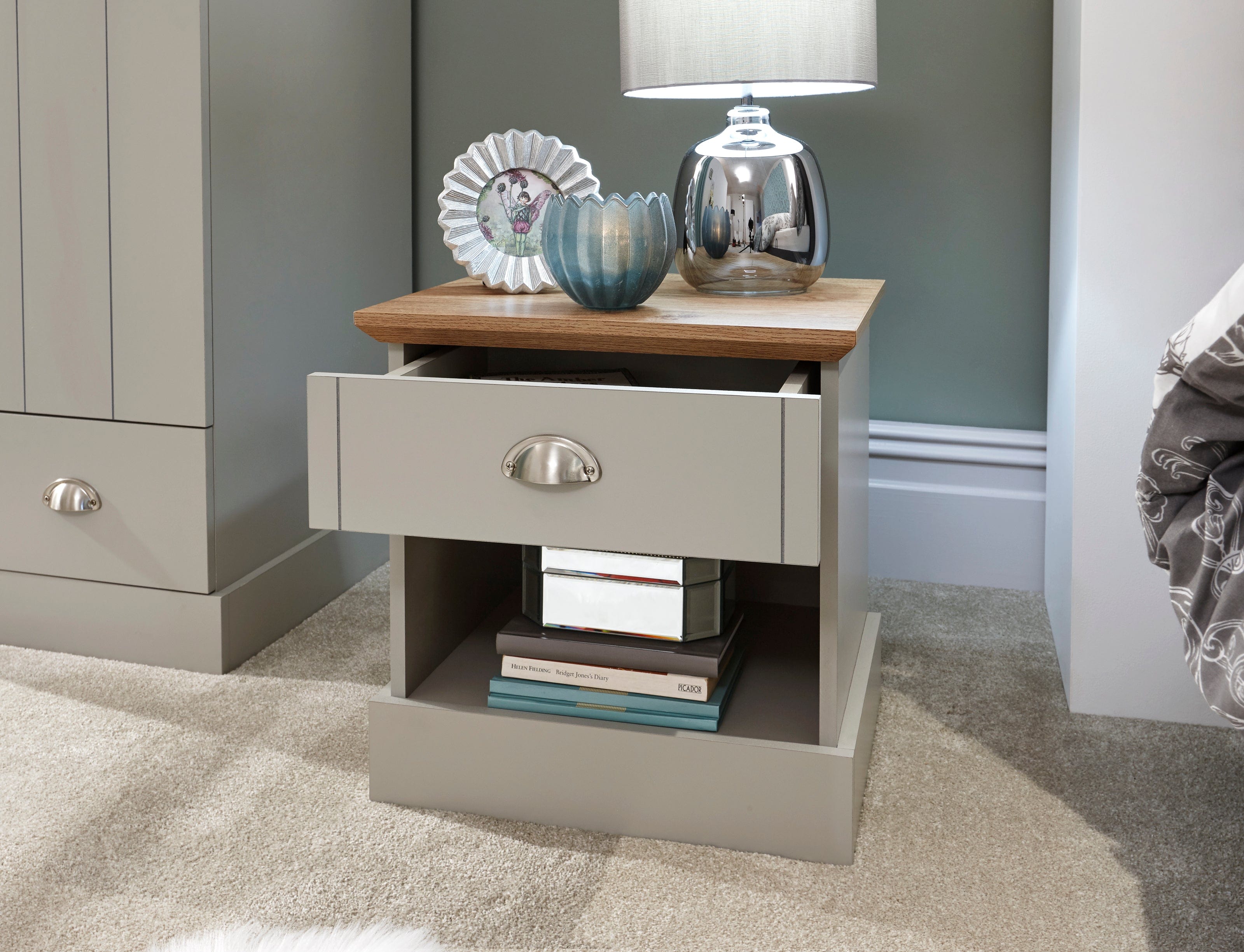 GFW Bedside Table Kendal 1 Drawer Bedside Grey Bed Kings