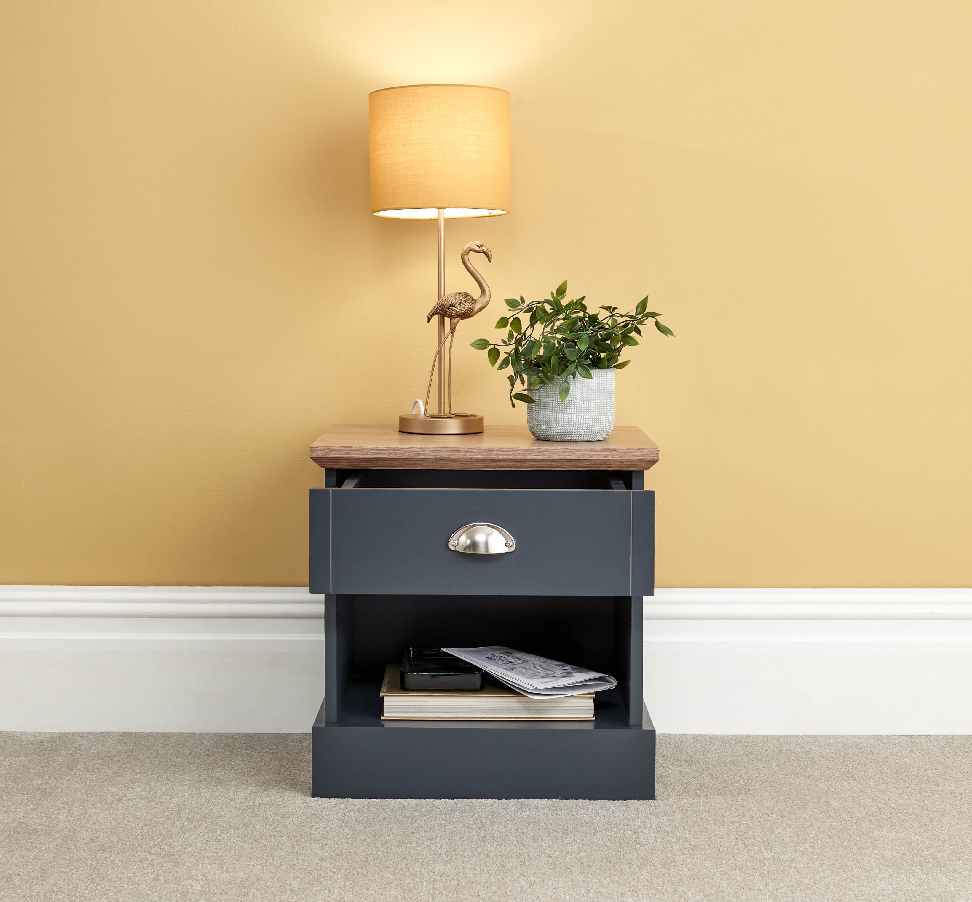 GFW Bedside Table Kendal 1 Drawer Bedside Slate Blue Bed Kings