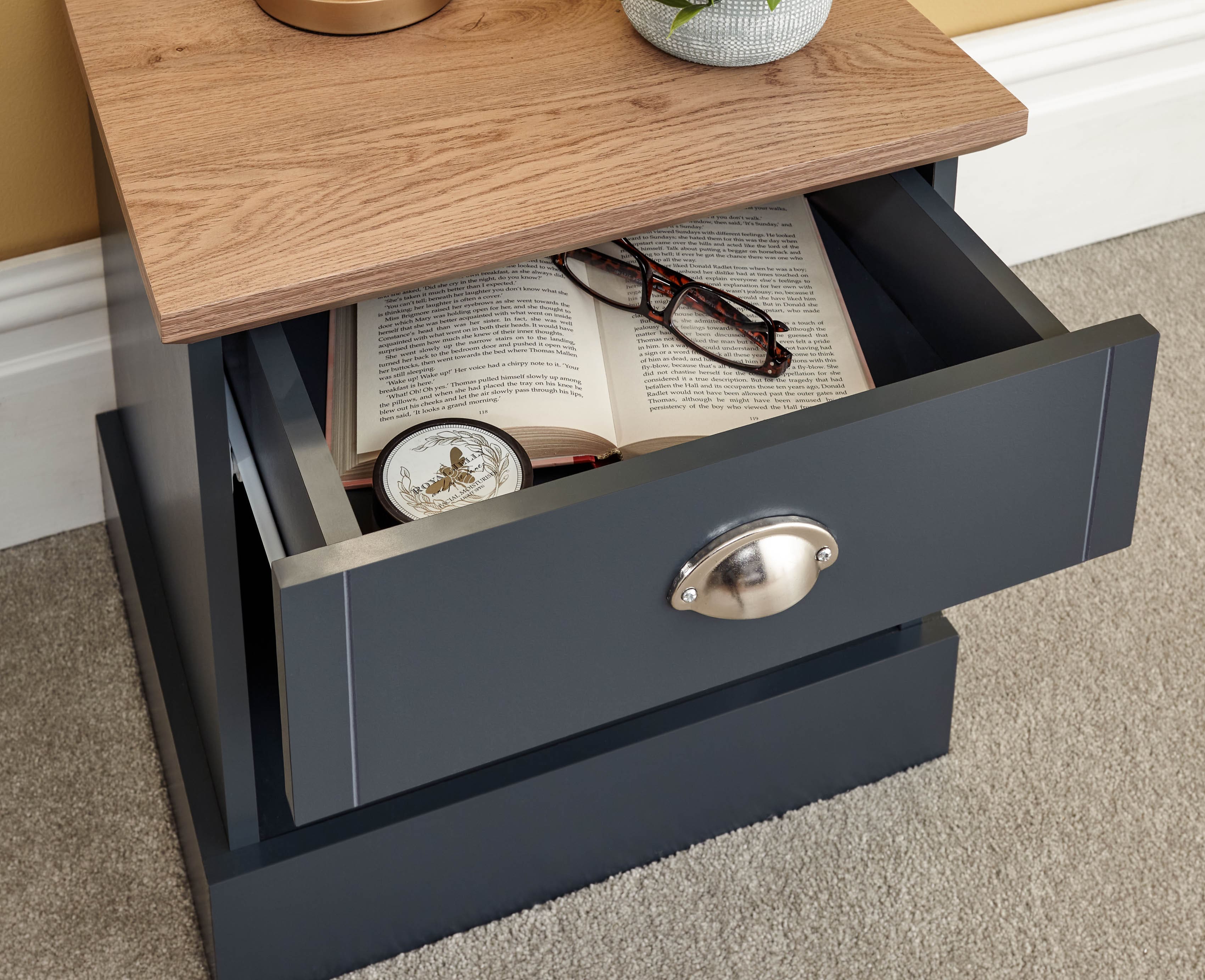 GFW Bedside Table Kendal 1 Drawer Bedside Slate Blue Bed Kings