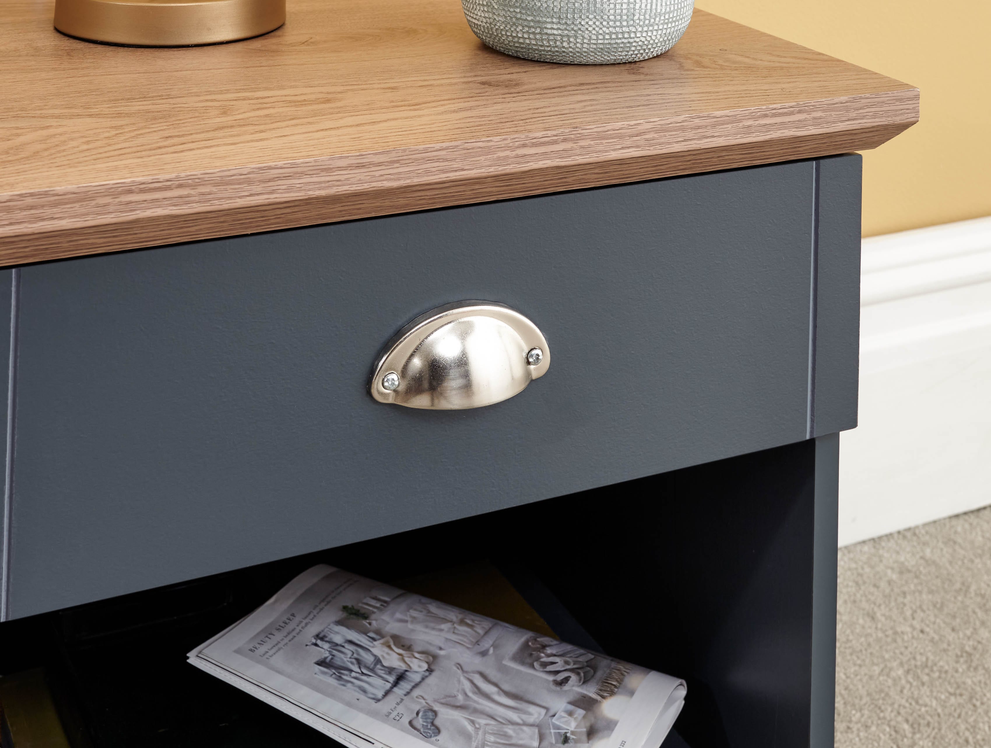 GFW Bedside Table Kendal 1 Drawer Bedside Slate Blue Bed Kings