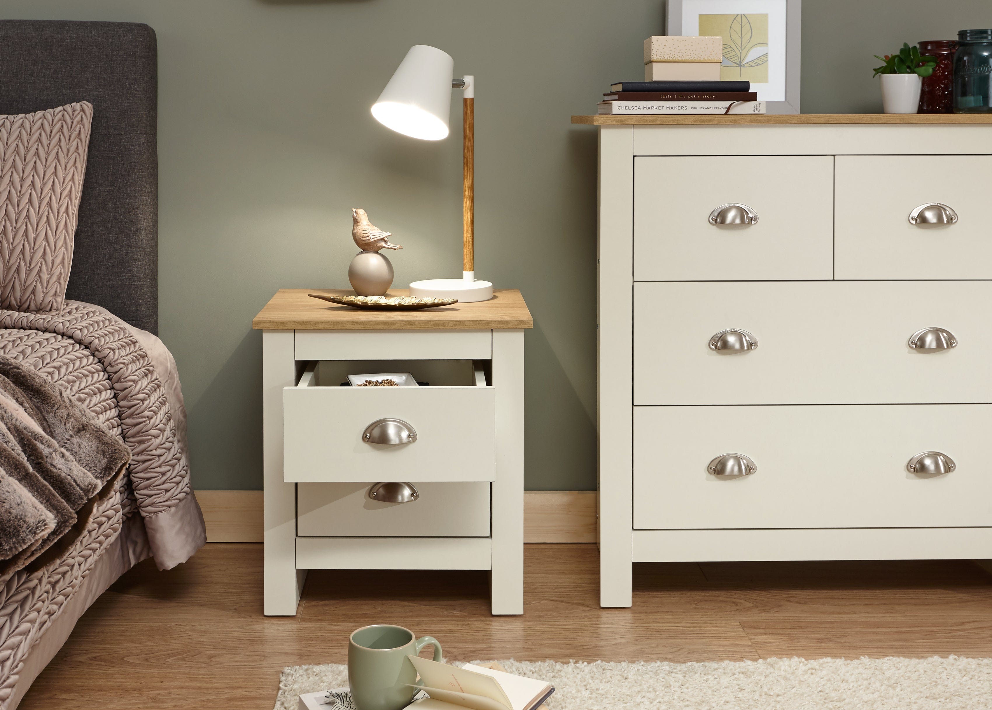 GFW Bedside Table Lancaster 2 Drawer Bedside Cream Bed Kings