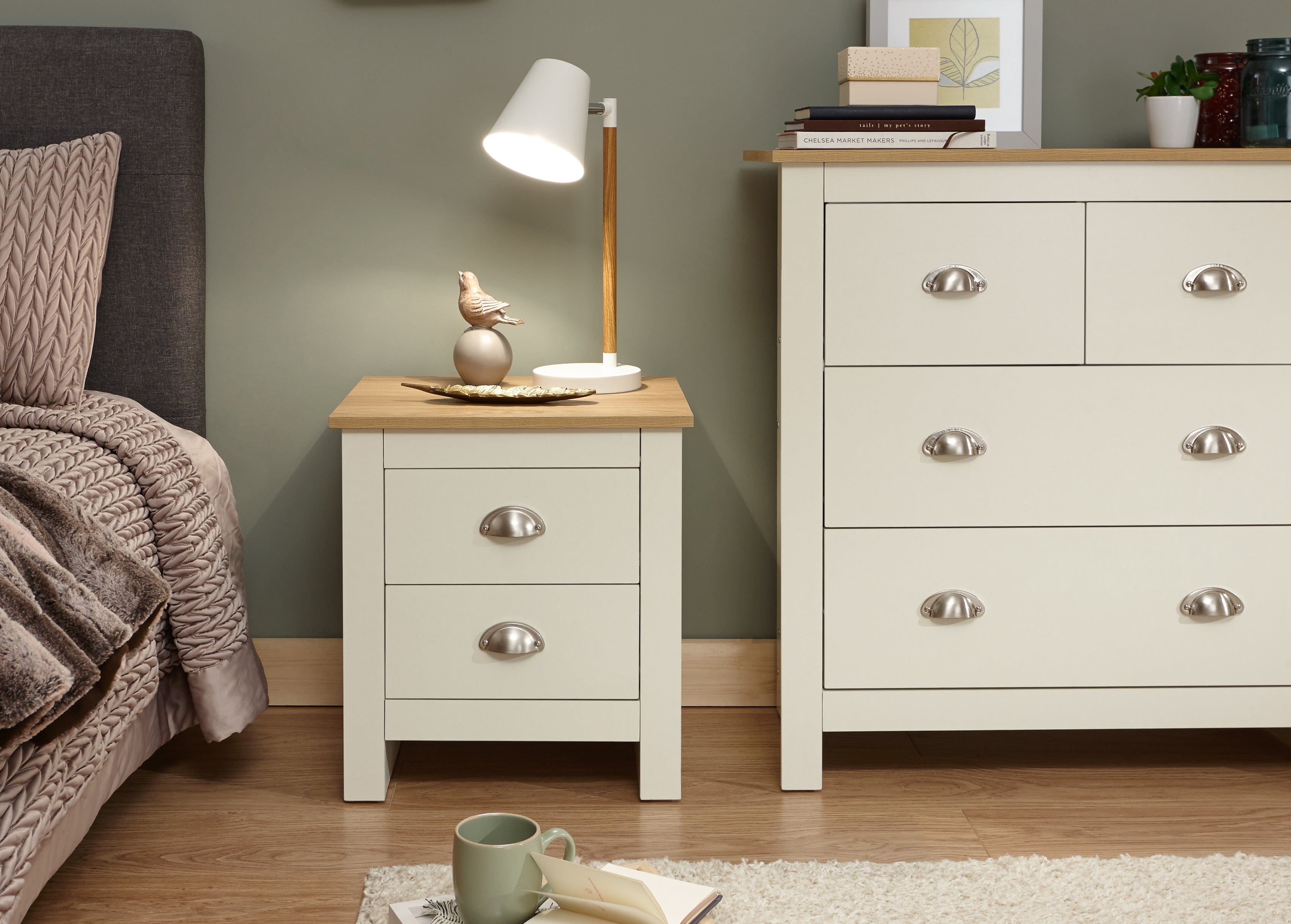 GFW Bedside Table Lancaster 2 Drawer Bedside Cream Bed Kings