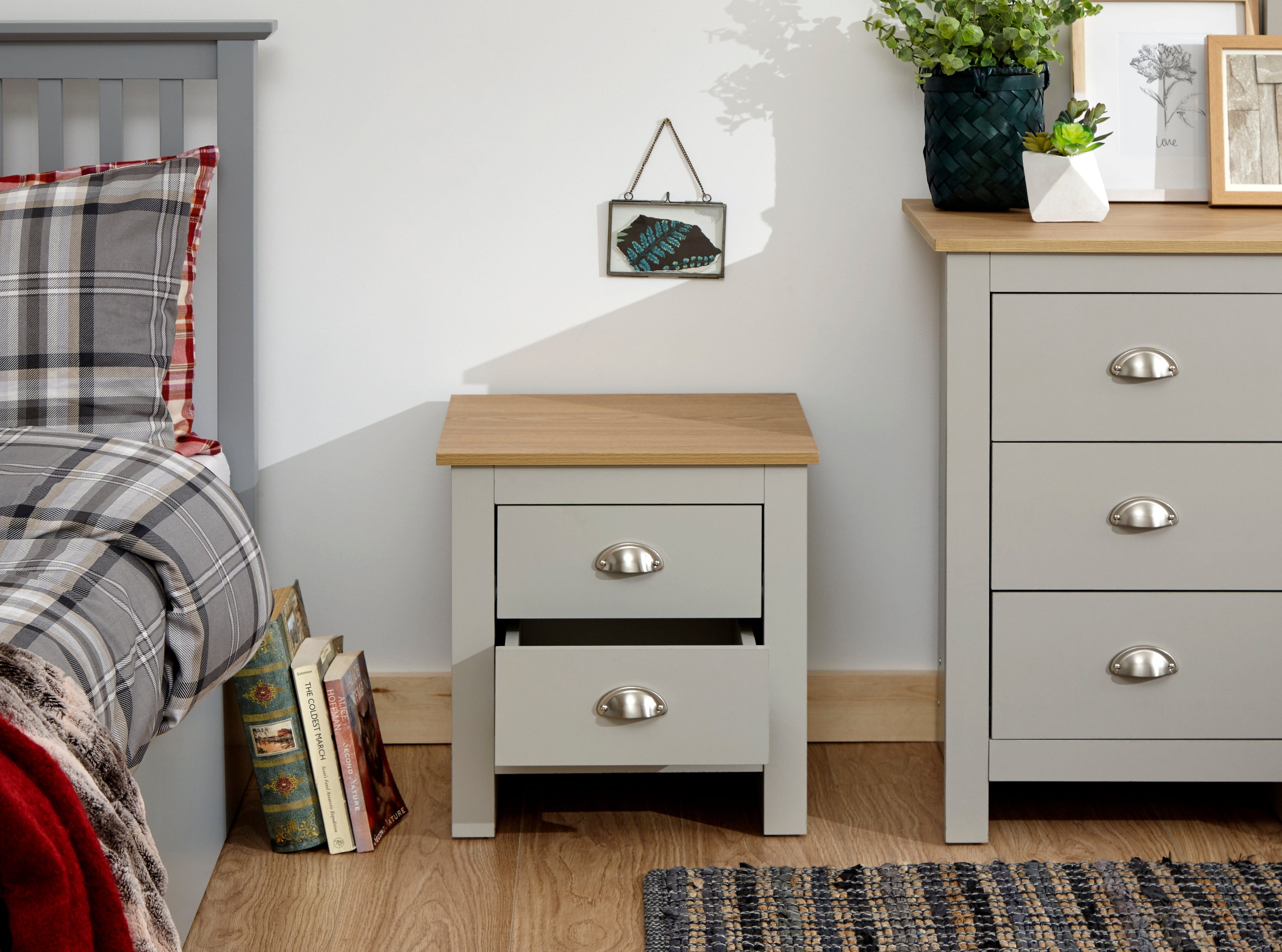 GFW Bedside Table Lancaster 2 Drawer Bedside Grey Bed Kings