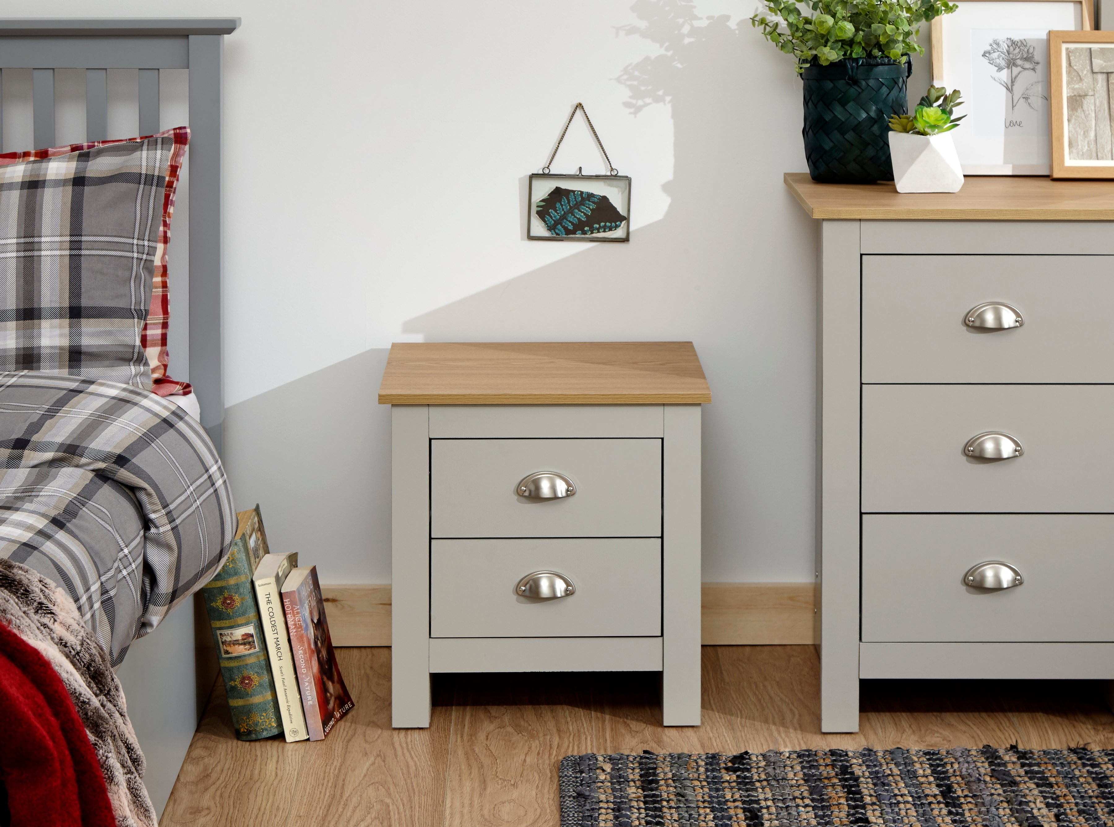 GFW Bedside Table Lancaster 2 Drawer Bedside Grey Bed Kings