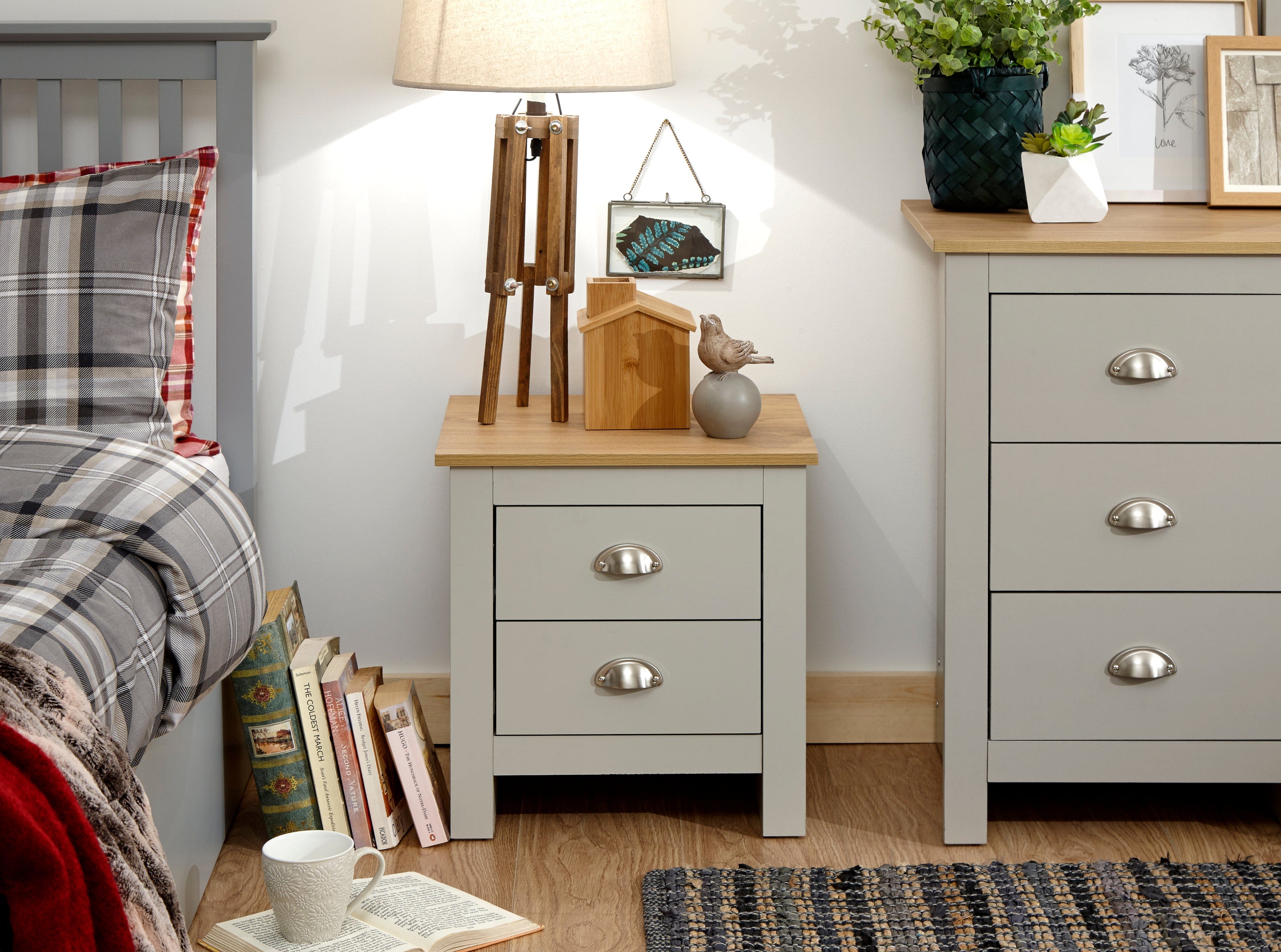 GFW Bedside Table Lancaster 2 Drawer Bedside Grey Bed Kings