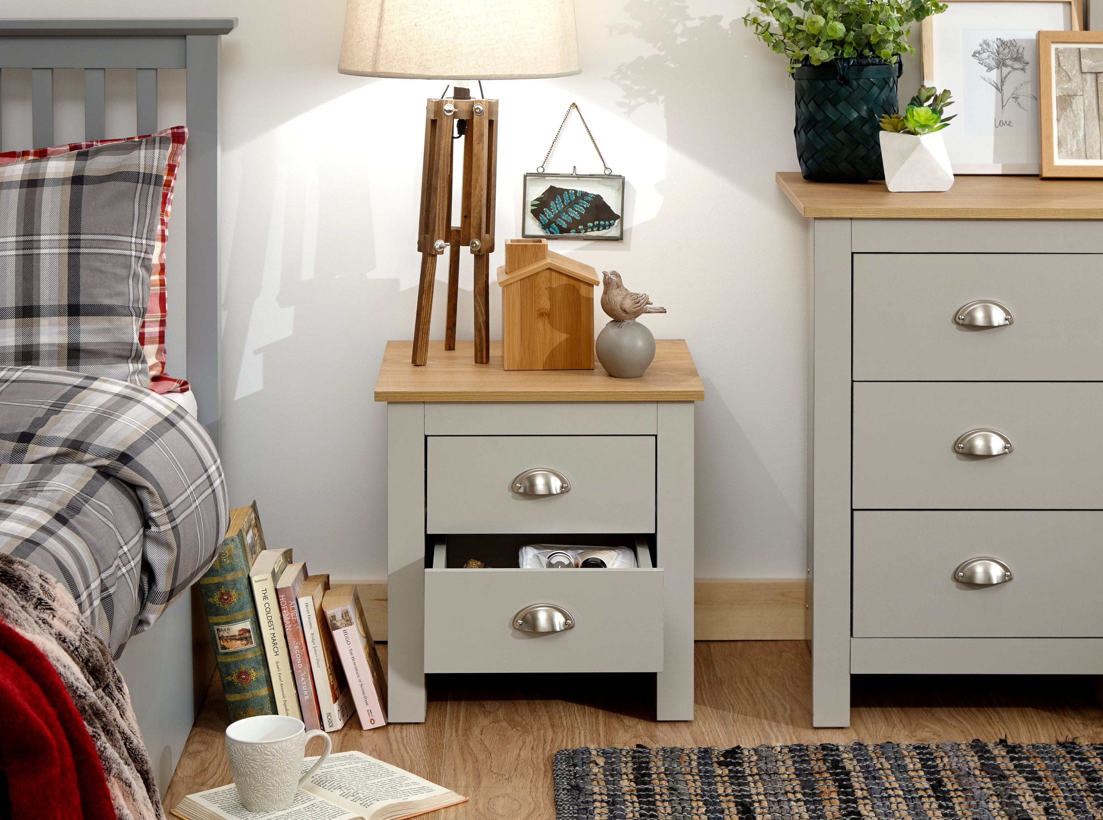 GFW Bedside Table Lancaster 2 Drawer Bedside Grey Bed Kings