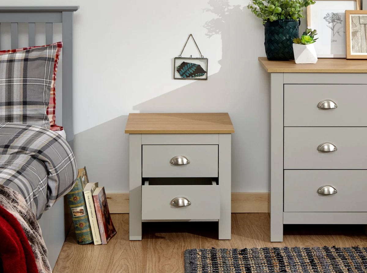 GFW Bedside Table Lancaster 2 Drawer Bedside Grey - Twin Pack Bed Kings