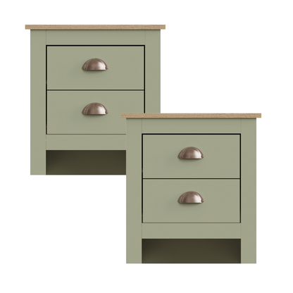 GFW Bedside Table Lancaster 2 Drawer Bedside Sage Green - Twin Pack Bed Kings