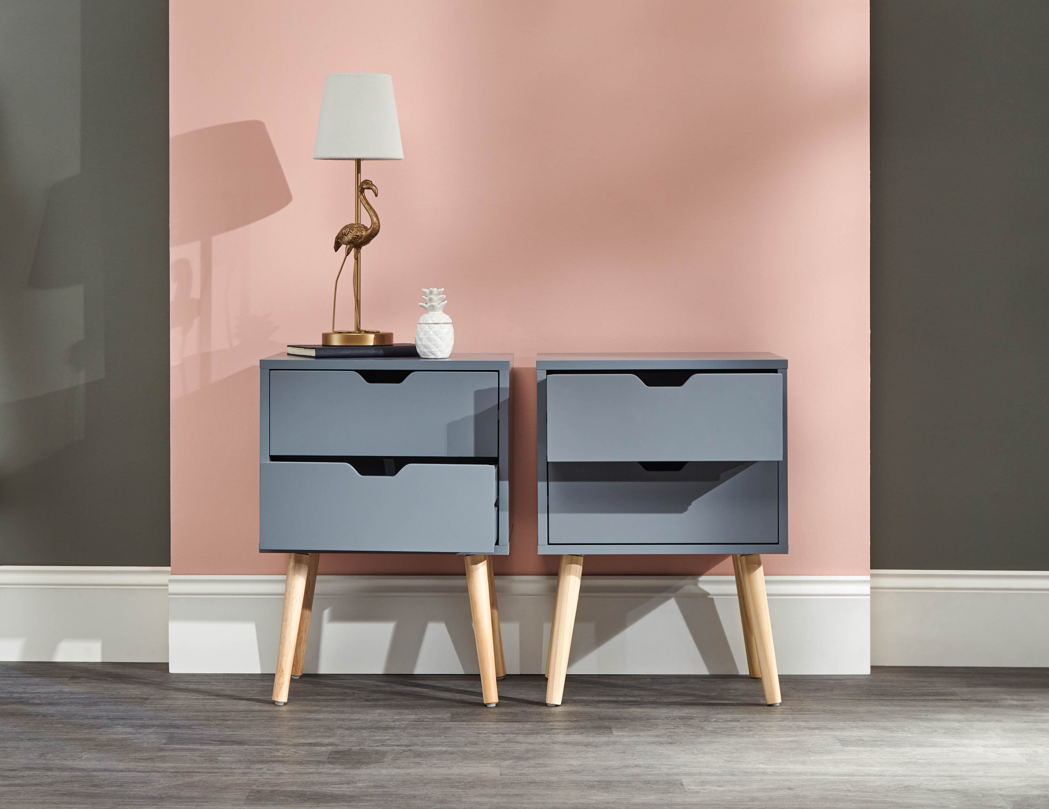 GFW Bedside Table Nyborg Set of 2 Bedside Cabinets with 2 drawers Dark Grey Bed Kings