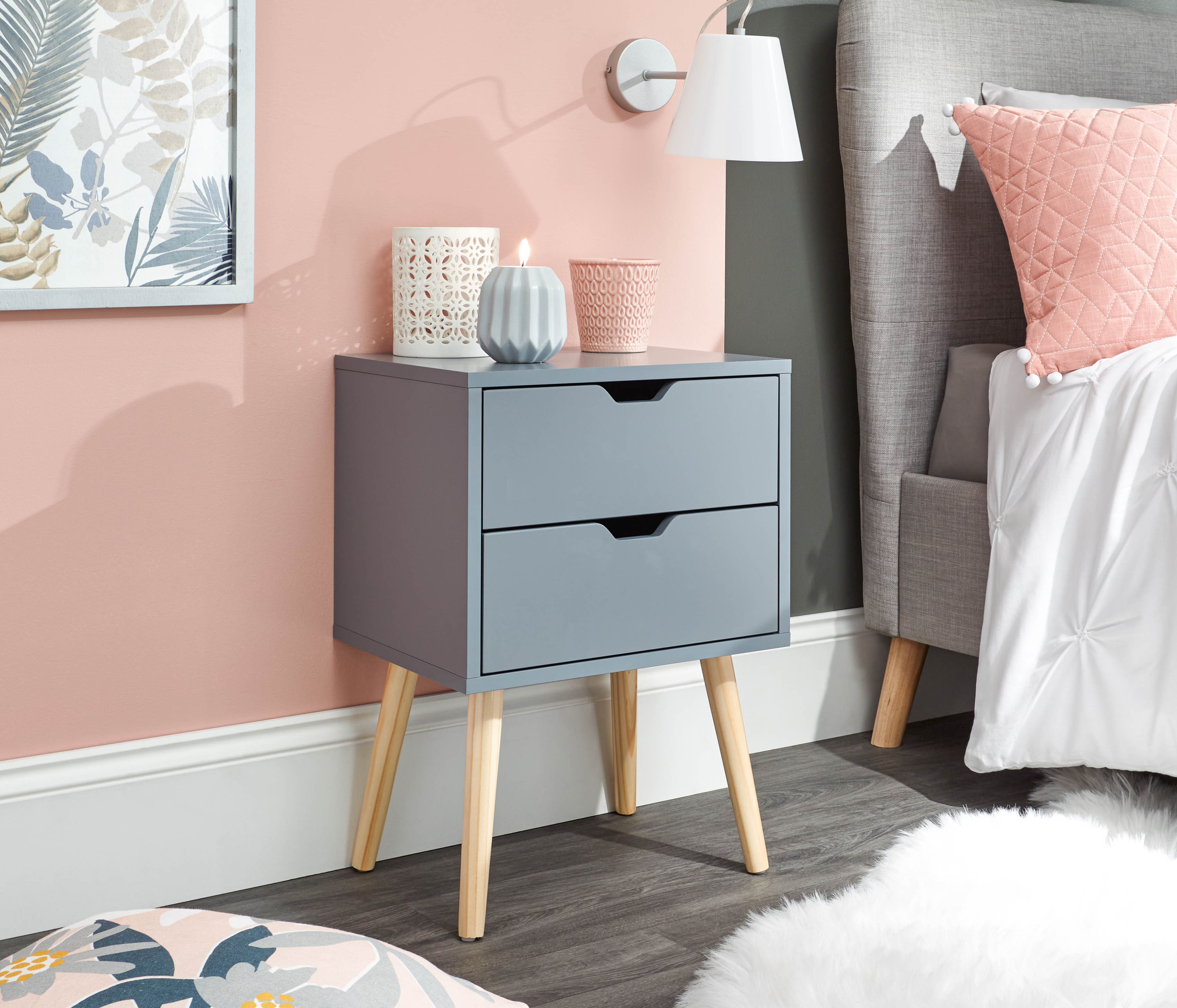 GFW Bedside Table Nyborg Single 2 Drawer Bedside Dark Grey Bed Kings