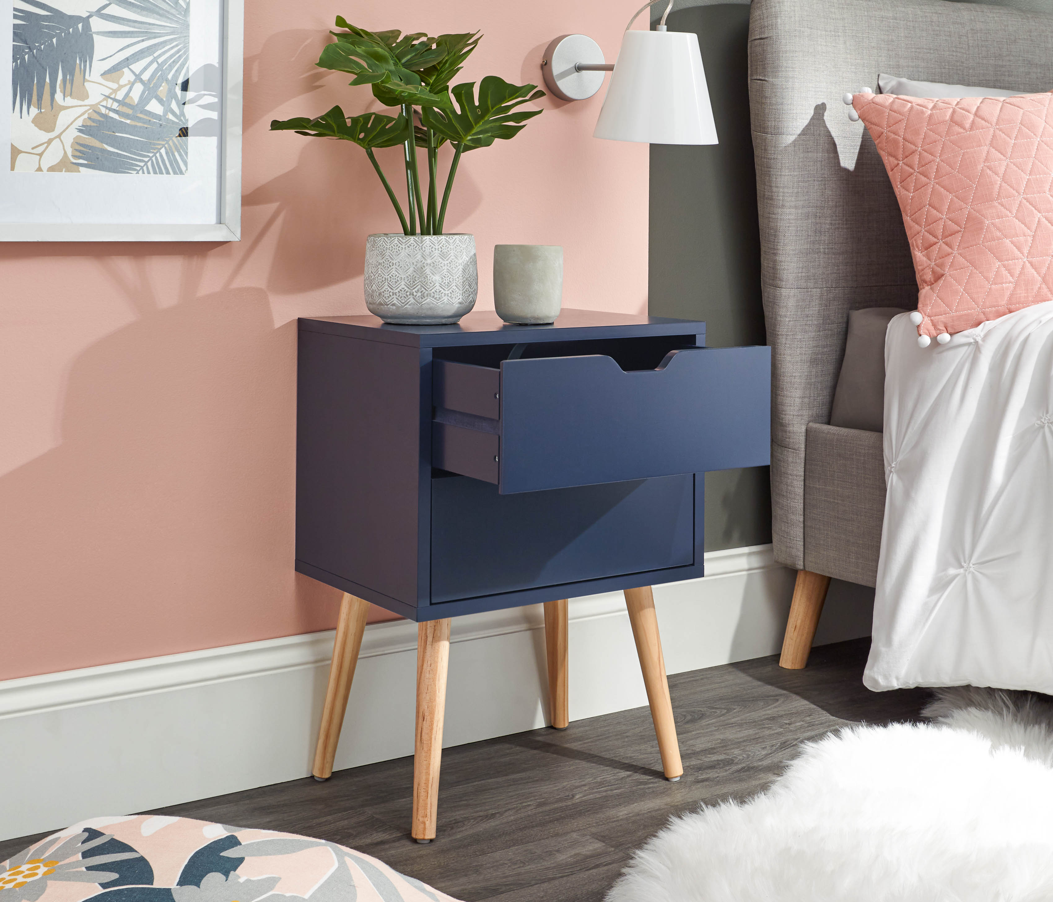 GFW Bedside Table Nyborg Single 2 Drawer Bedside Nightshadow Blue Bed Kings