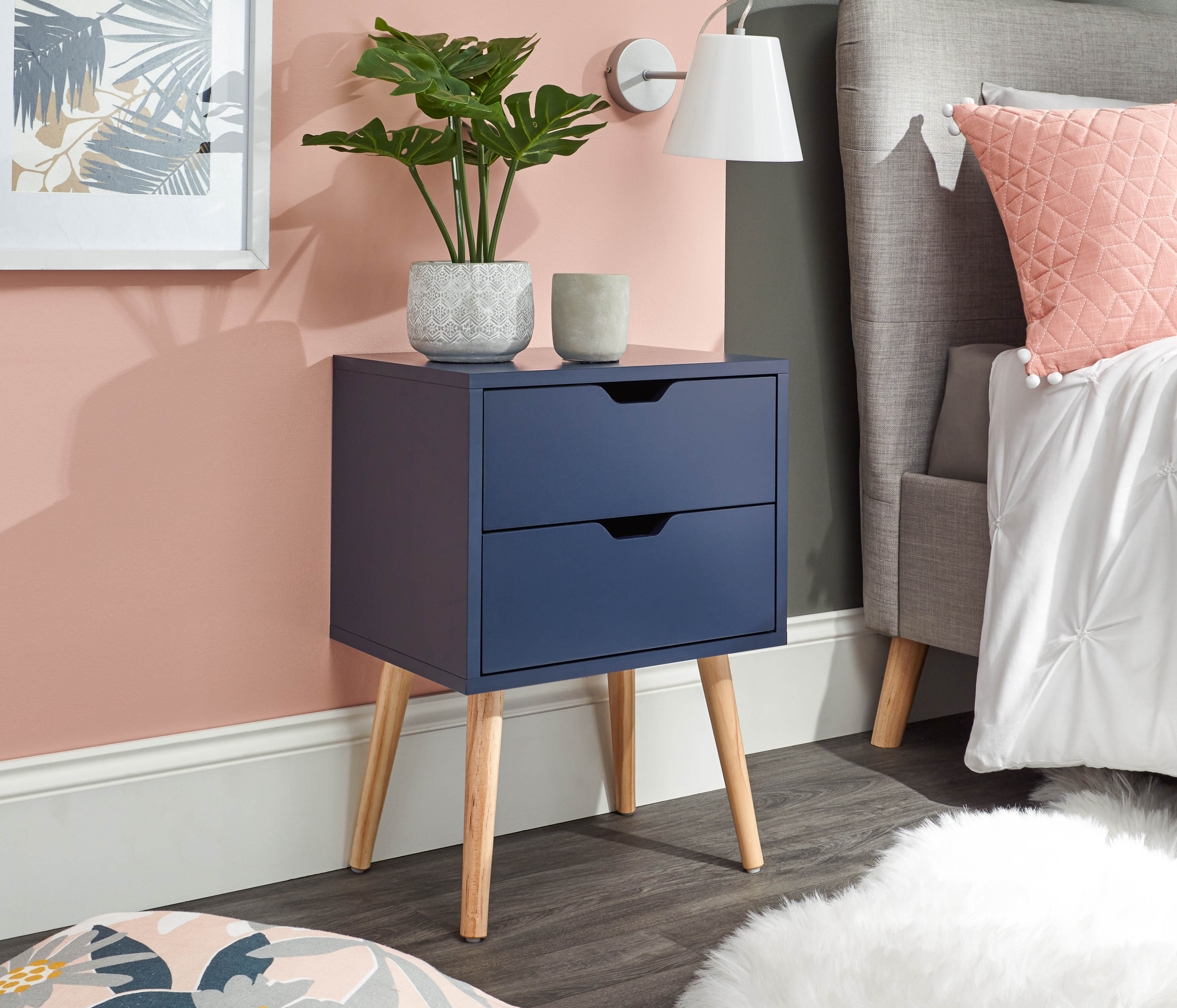 GFW Bedside Table Nyborg Single 2 Drawer Bedside Nightshadow Blue Bed Kings