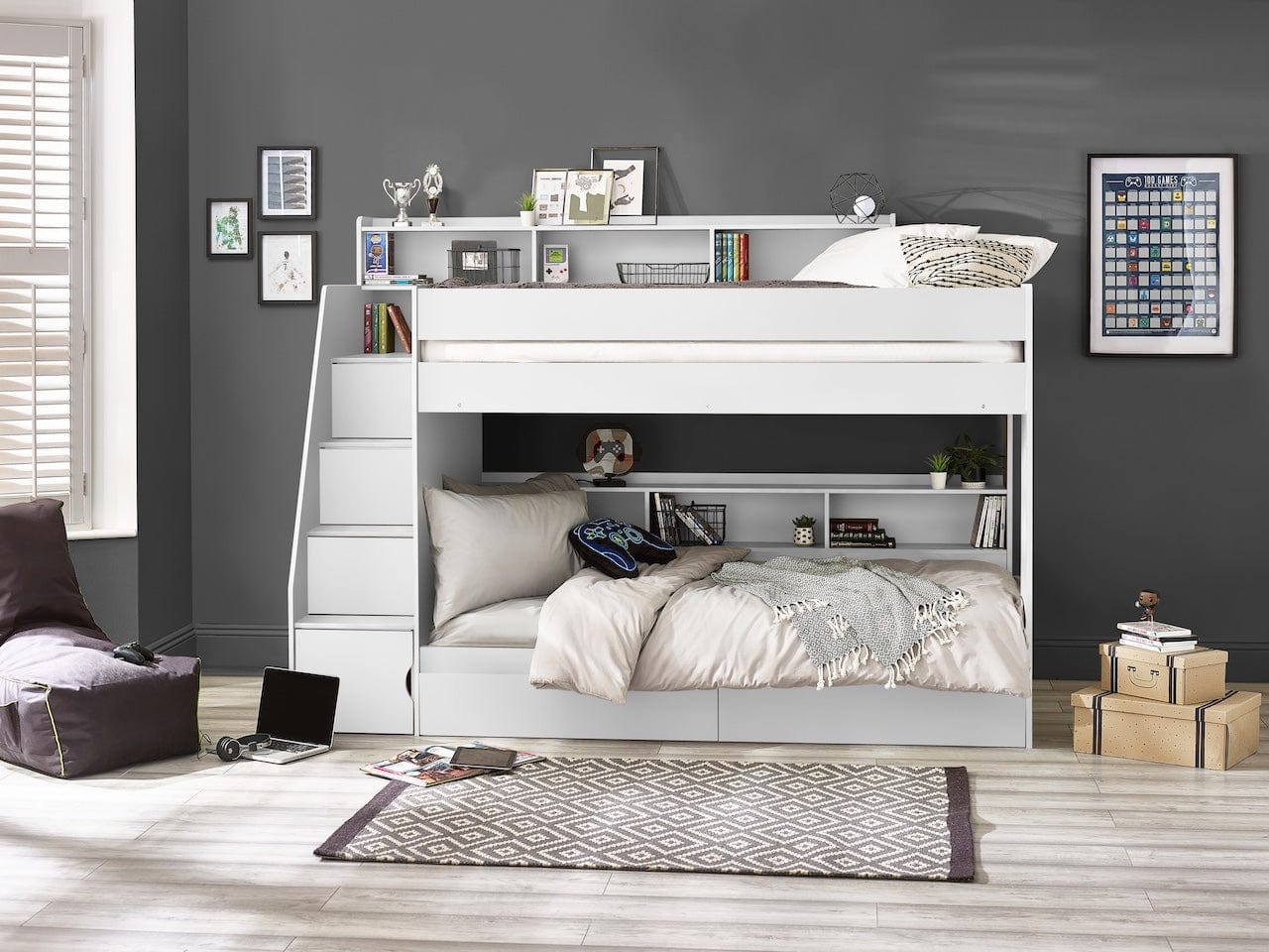 Julian Bowen Bunk Bed Single 90cm 3ft Camelot Staircase Bunk All White Bed Kings